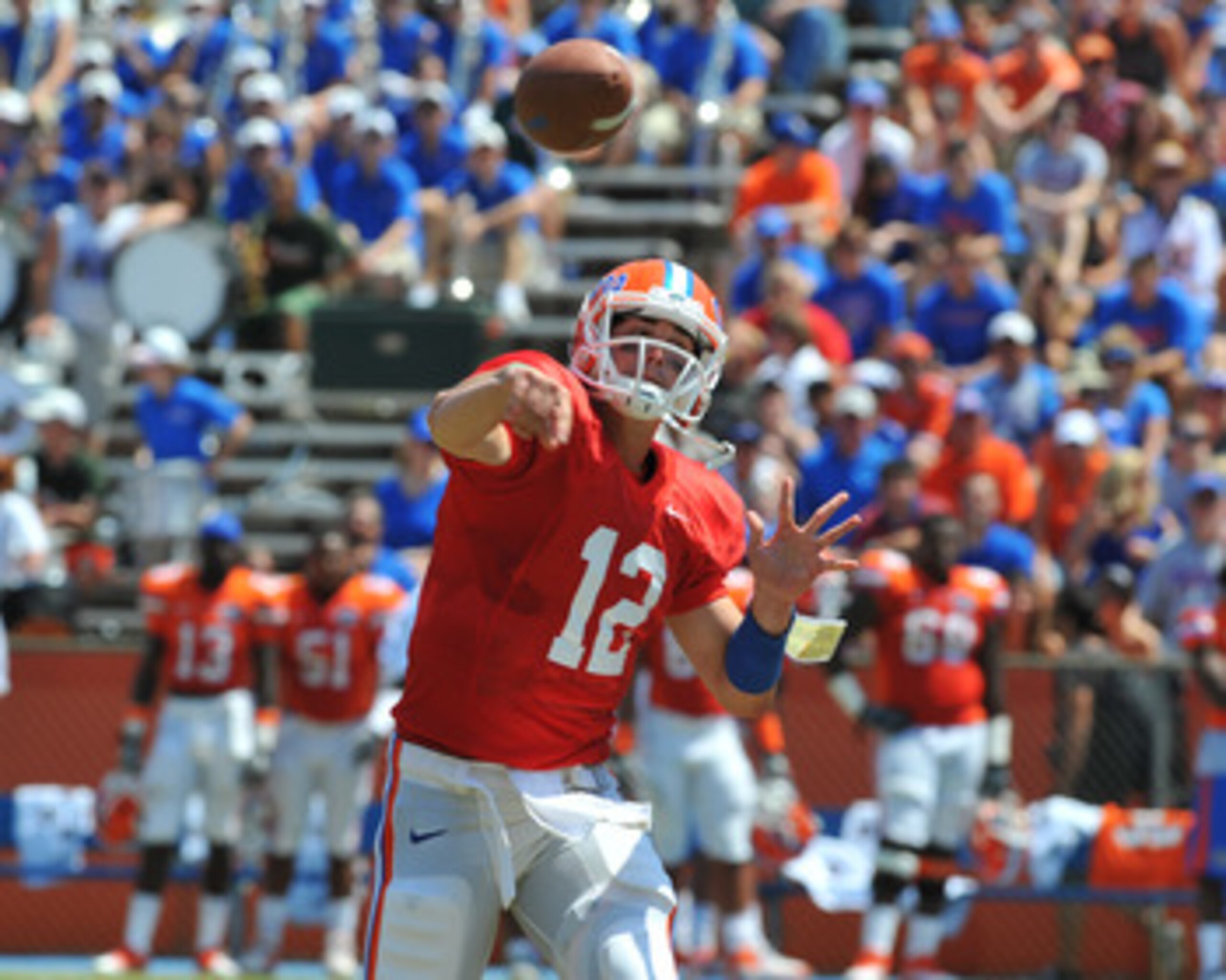 GAINESVILLE, FL - APRIL 9:  Quarterback John Brantley #12 of the Florida Gators releases a pass during the Orange and Blue spring football game April 9, 2011 at Ben Hill Griffin Stadium in Gainesville, Florida.  (Photo by Al Messerschmidt/Getty Images)