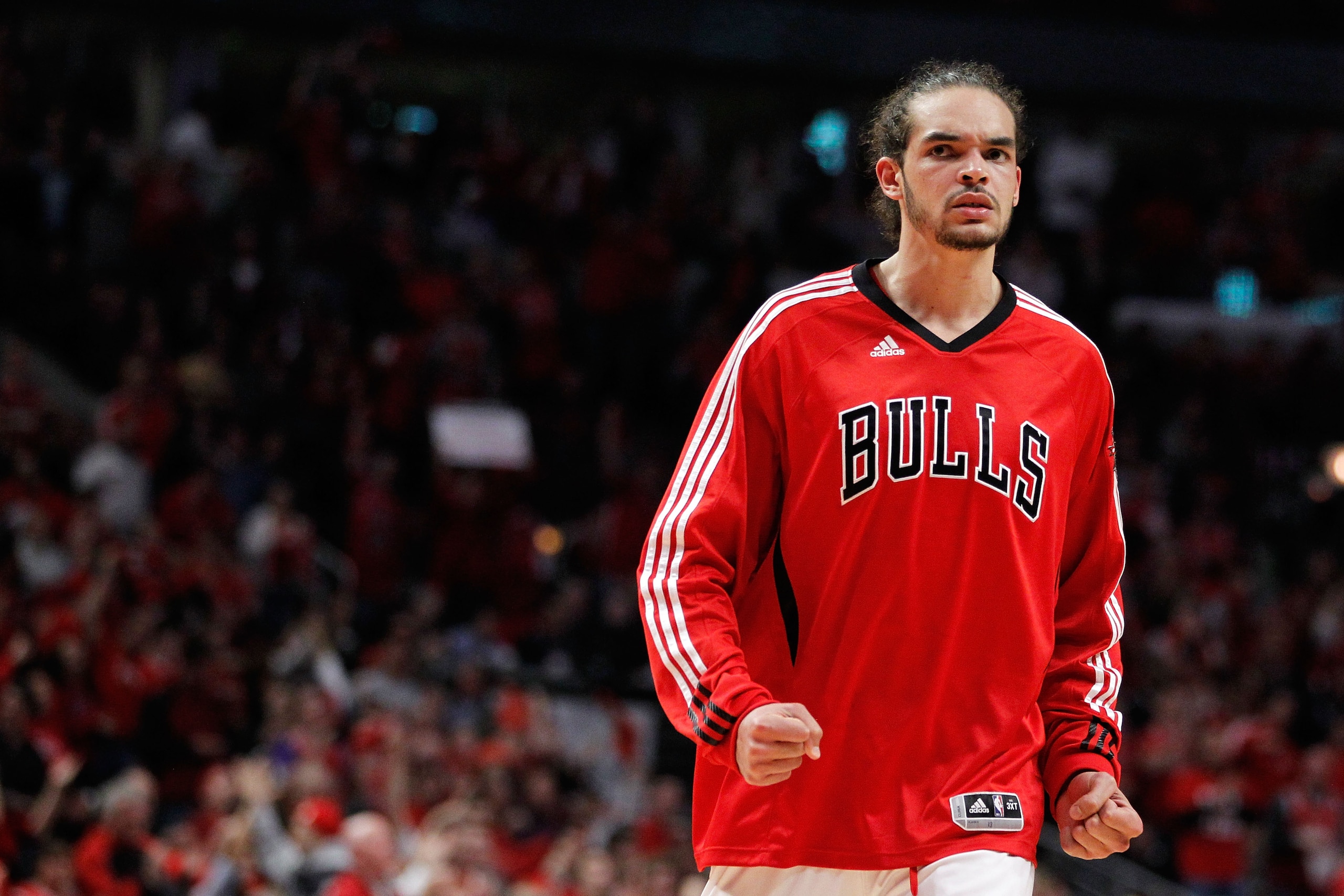 CHICAGO, IL - MAY 15: Joakim Noah #13 of the Chicago Bulls looks on against the Miami Heat in Game One of the Eastern Conference Finals during the 2011 NBA Playoffs on May 15, 2011 at the United Center in Chicago, Illinois. The Bulls won 103-82. NOTE TO U