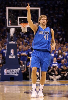 OKLAHOMA CITY, OK - MAY 21:  Dirk Nowitzki #41 of the Dallas Mavericks reacts in the second quarter while taking on the Oklahoma City Thunder in Game Three of the Western Conference Finals during the 2011 NBA Playoffs at Oklahoma City Arena on May 21, 201