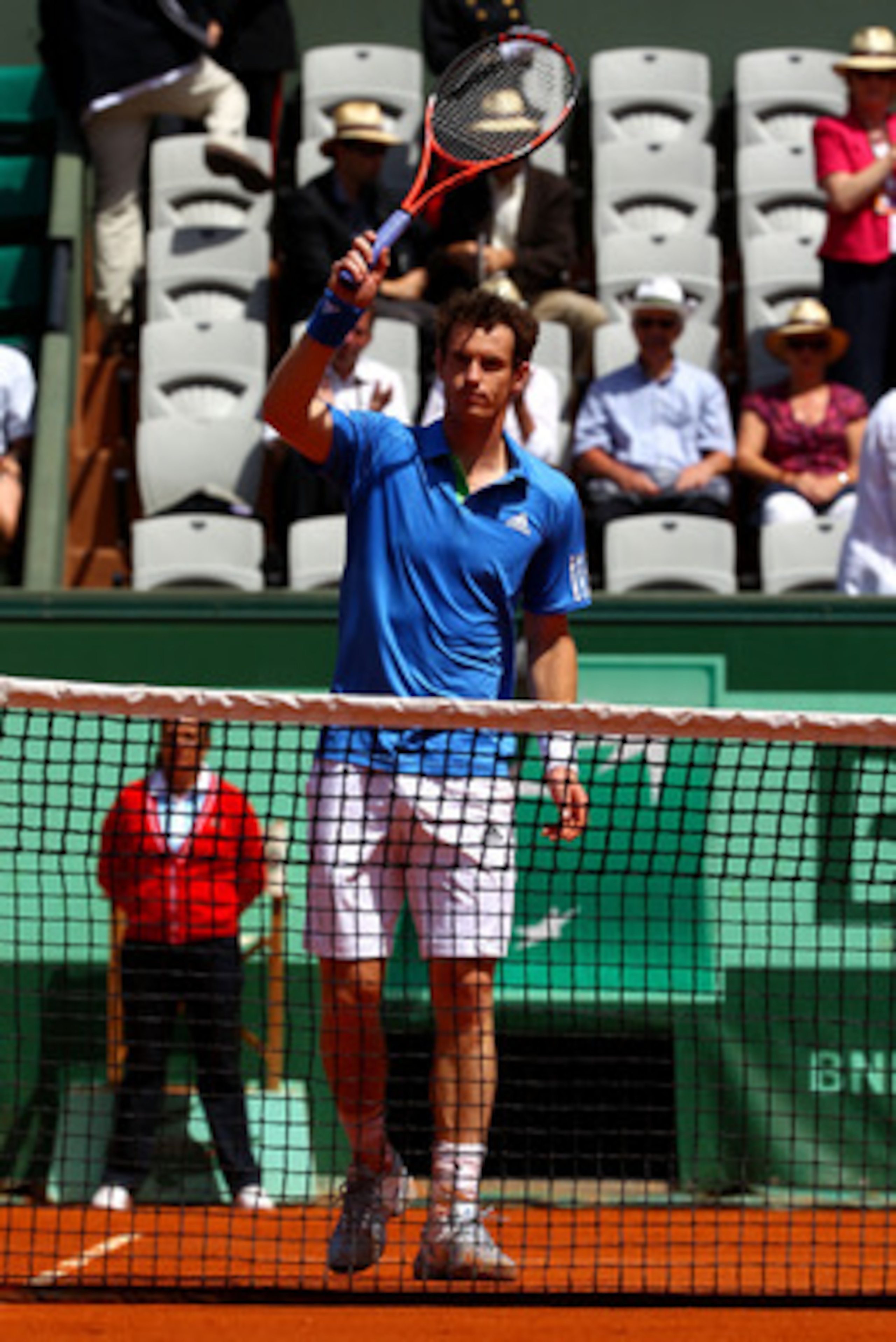 PARIS, FRANCE - MAY 24:  Andy Murray of Great Britain celebrates match point during the men's singles round one match between Andy Murray of Great Britain and Eric Prodon of France on day three of the French Open at Roland Garros on May 24, 2011 in Paris,