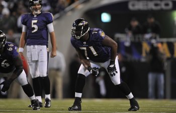 BALTIMORE - NOVEMBER 29:  Jared Gaither #71 of the Baltimore Ravens defends against the Pittsburgh Steelers at M&T Bank Stadium on November 29, 2009 in Baltimore, Maryland. The Ravens defeated the Steelers 20-17. (Photo by Larry French/Getty Images)