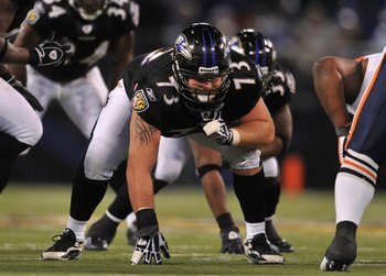 BALTIMORE - DECEMBER 20:  Marshal Yanda #73 of the Baltimore Ravens defends against the Chicago Bears at M&T Bank Stadium on December 20, 2009 in Baltimore, Maryland. The Ravens defeated the Bears 31-7. (Photo by Larry French/Getty Images)