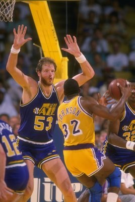 Center Mark Eaton of the Utah Jazz plays defense during a game.