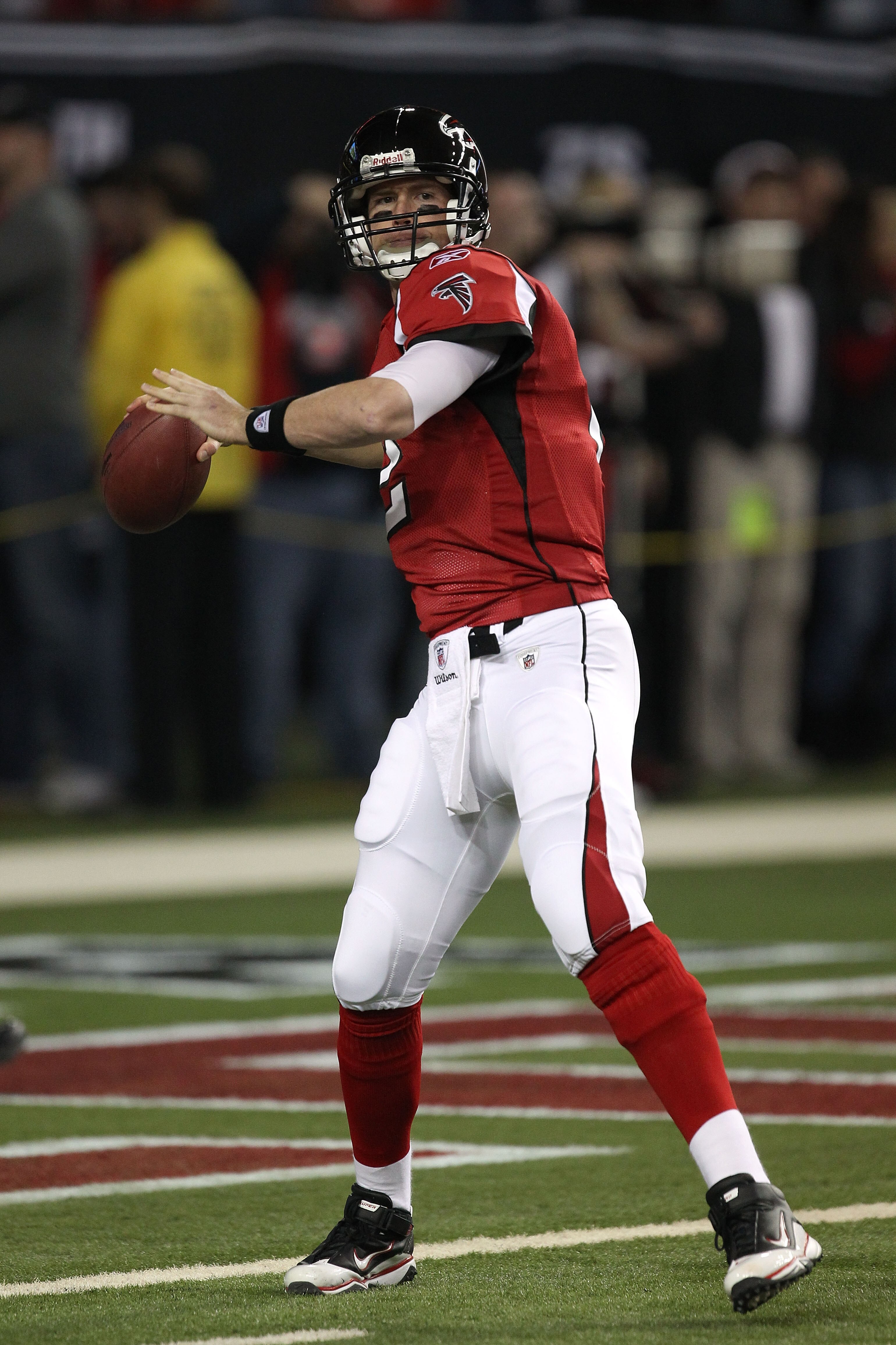 ATLANTA, GA - JANUARY 15:  Matt Ryan #2 of the Atlanta Falcons warms up against the Green Bay Packers during their 2011 NFC divisional playoff game at Georgia Dome on January 15, 2011 in Atlanta, Georgia.  (Photo by Streeter Lecka/Getty Images)