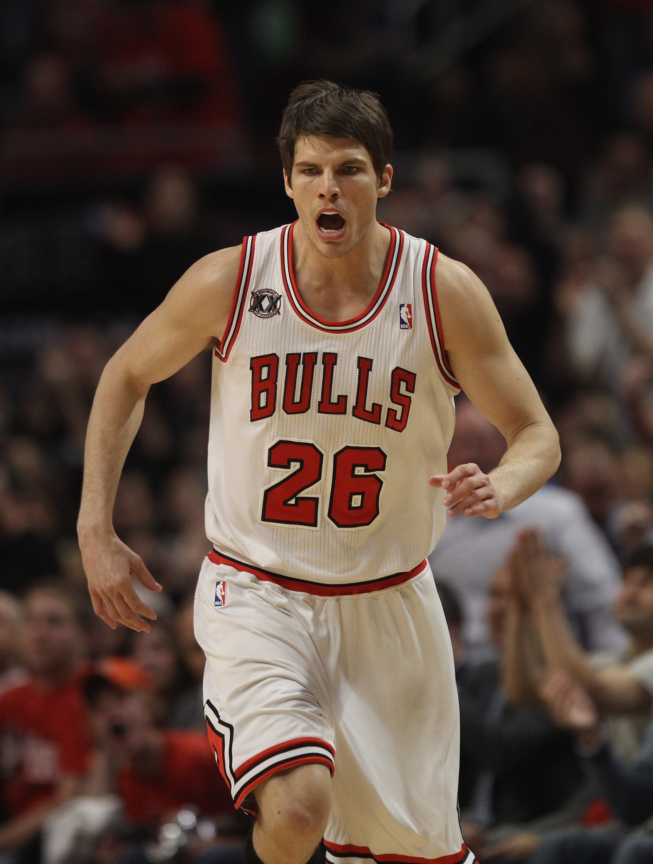 CHICAGO, IL - MAY 02: Kyle Korver #26 of the Chicago Bulls celebrates hitting a three-point shot against the Atlanta Hawks in Game One of the Eastern Conference Semifinals in the 2011 NBA Playoffs at the United Center on May 2, 2011 in Chicago, Illinois.