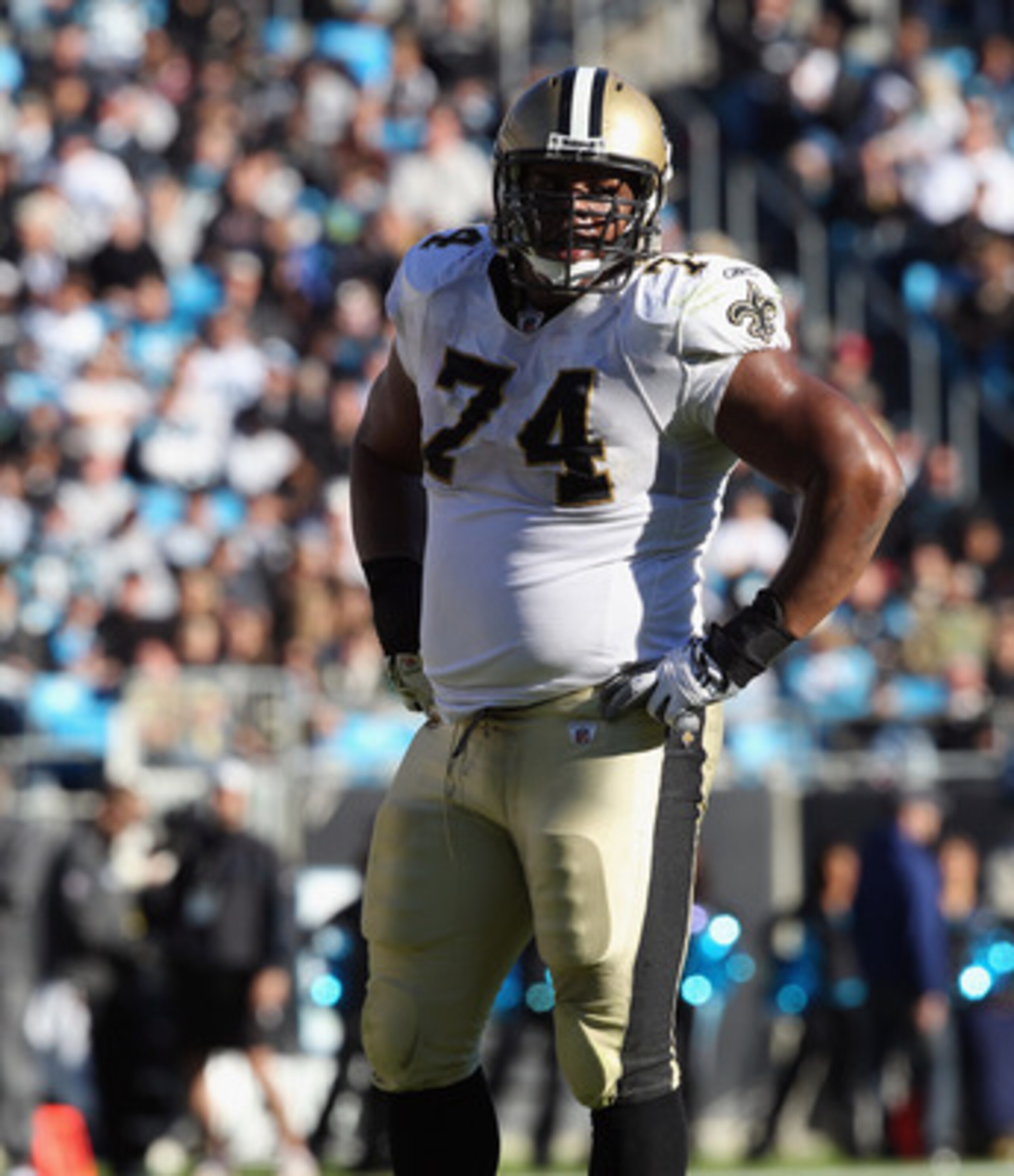 CHARLOTTE, NC - NOVEMBER 07:  Jermon Bushrod #74 of the New Orleans Saints against the Carolina Panthers during their game at Bank of America Stadium on November 7, 2010 in Charlotte, North Carolina.  (Photo by Streeter Lecka/Getty Images)