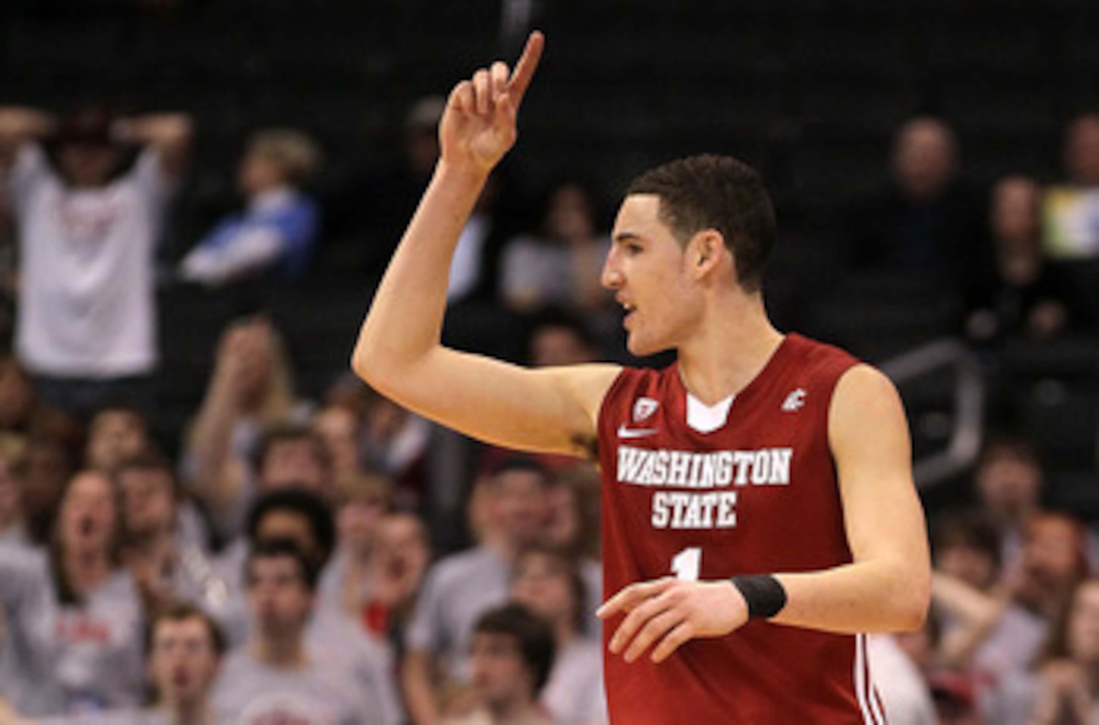 LOS ANGELES, CA - MARCH 10:  Klay Thompson #1 of the Washington State Cougars reacts after making a shot in the second half while taking on the Washington Huskies in the quarterfinals of the 2011 Pacific Life Pac-10 Men's Basketball Tournament at Staples
