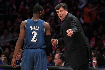 LOS ANGELES, CA - FEBRUARY 18:  Assistant coach Kevin McHale of the Rookie Team talks with John Wall #2 of the Washington Wizards and the Rookie Team in the first half during the T-Mobile Rookie Challenge and Youth Jam at Staples Center on February 18, 20