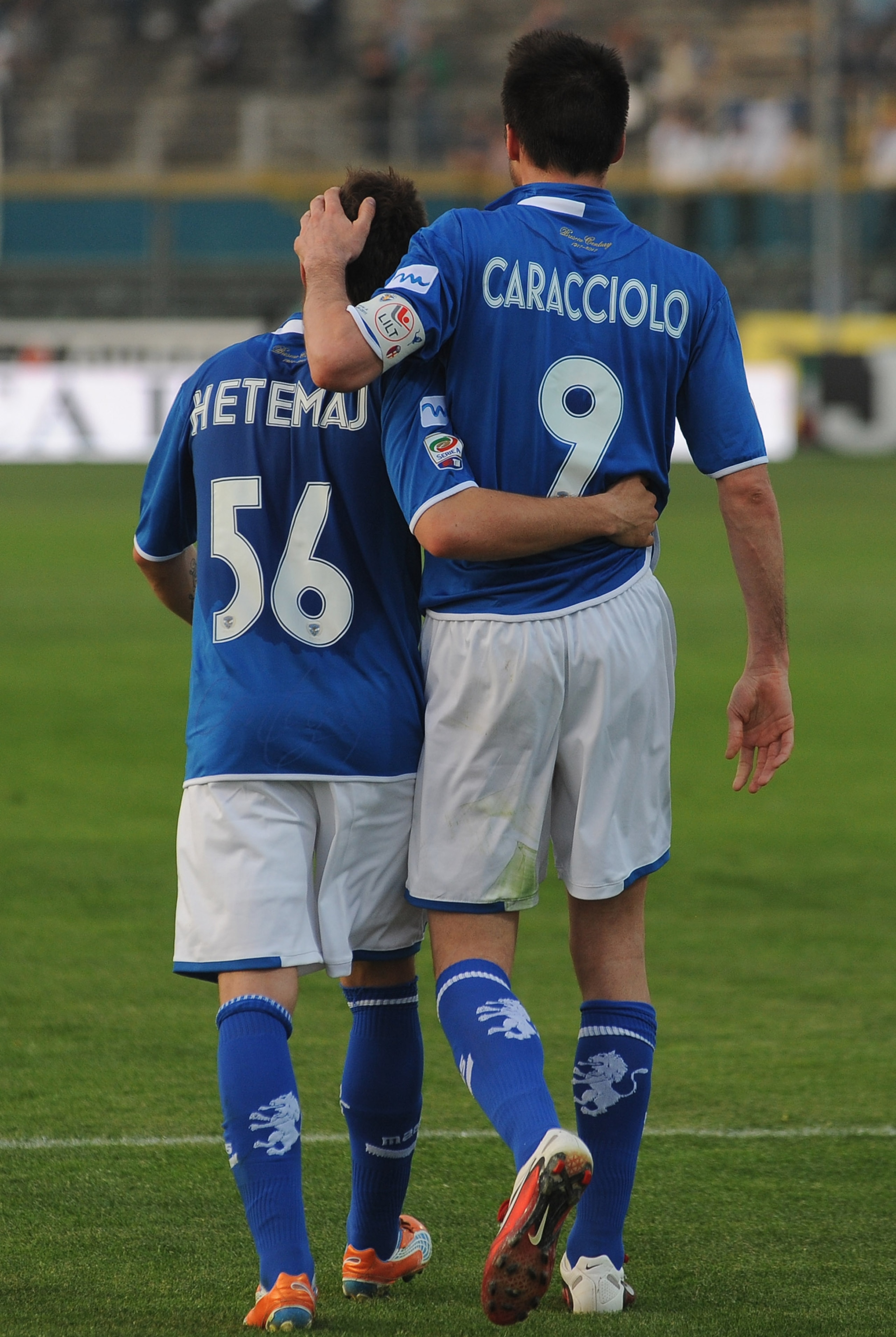 BRESCIA, ITALY - APRIL 02:  Andrea Caracciolo of Brescia Calcio celebrates his goal from the penalty spot with Perparim Hetemaj during the Serie A match between Brescia Calcio and Bologna FC at Mario Rigamonti Stadium on April 2, 2011 in Brescia, Italy.