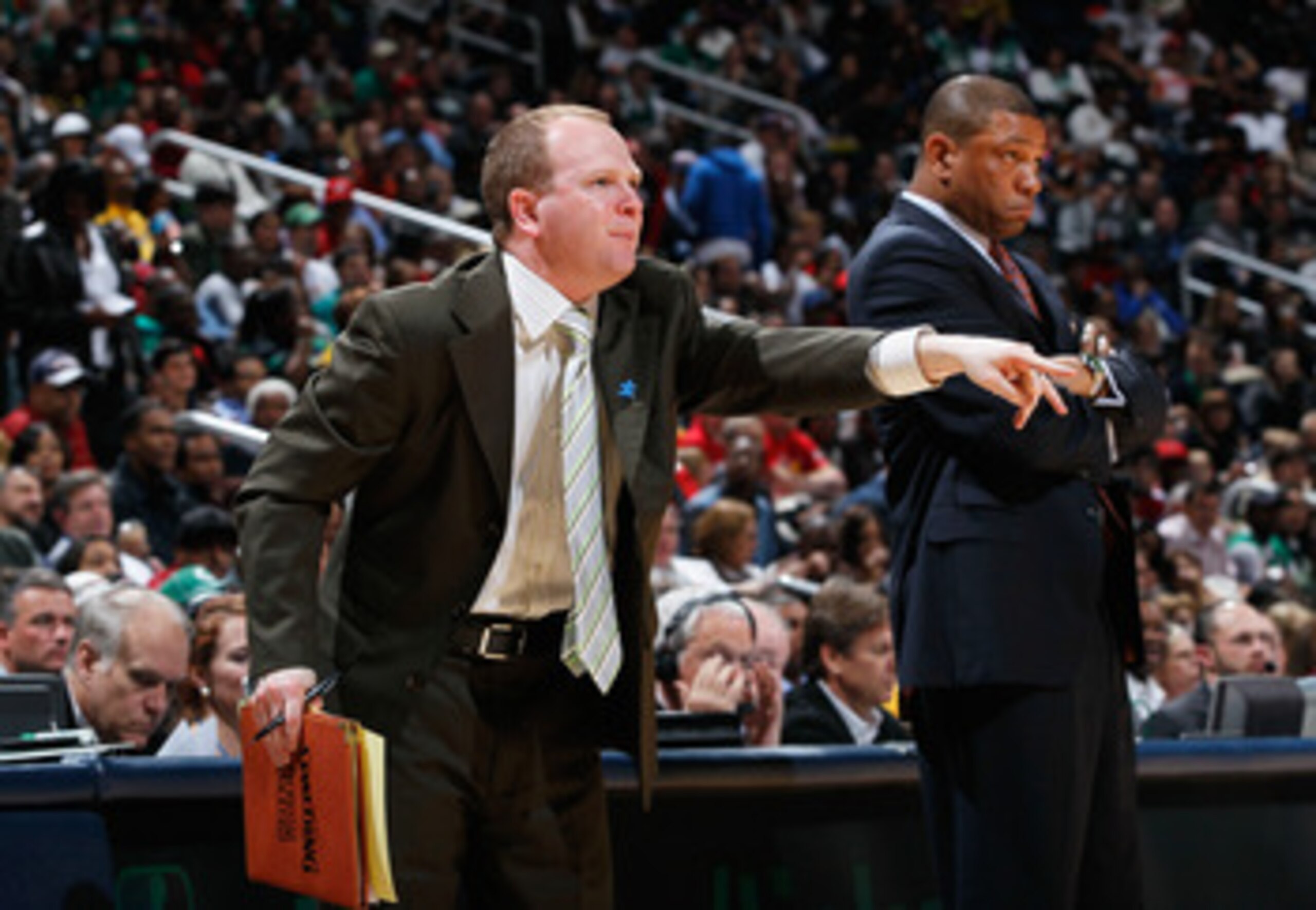 PHOENIX, AZ - JANUARY 28:  Assistant coach Lawrence Frank of the Boston Celtics reacts during the NBA game against the Phoenix Suns at US Airways Center on January 28, 2011 in Phoenix, Arizona. The Suns defeated the Celtics 88-71. NOTE TO USER: User expre