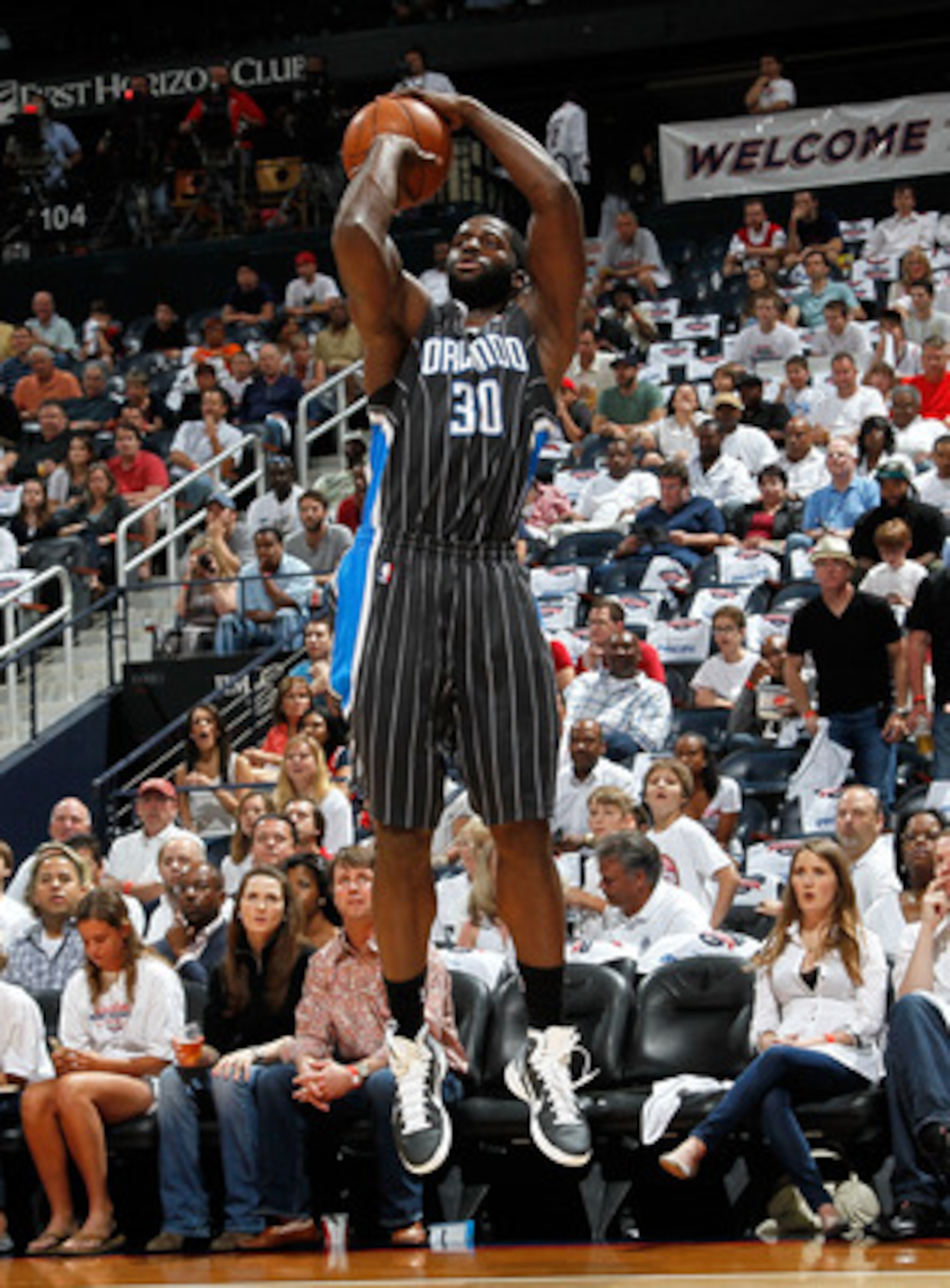 ATLANTA, GA - APRIL 24:  Brandon Bass #30 of the Orlando Magic against the Atlanta Hawks during Game Four of the Eastern Conference Quarterfinals in the 2011 NBA Playoffs at Philips Arena on April 24, 2011 in Atlanta, Georgia.  NOTE TO USER: User expressl
