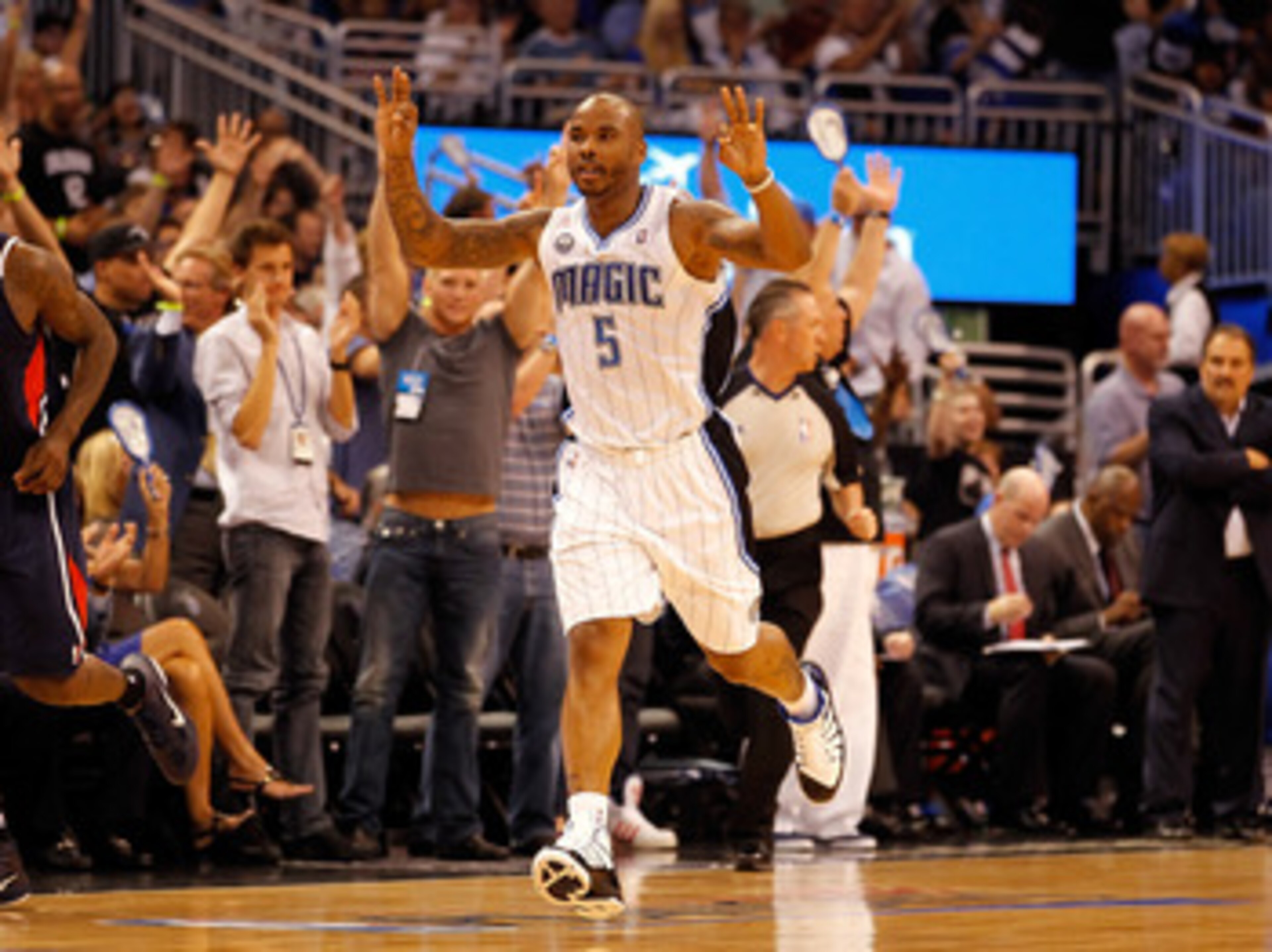 ORLANDO, FL - APRIL 26:  Quentin Richardson #5 of the Orlando Magic celebrates a three point shot against the Atlanta Hawks oduring Game Five of the Eastern Conference Quarterfinals of the 2011 NBA Playoffs on April 26, 2011 at the Amway Arena in Orlando,