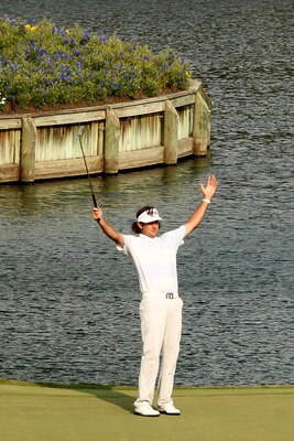 PONTE VEDRA BEACH, FL - MAY 13:  Bubba Watson celebrates chipping in for birdie on the 17th hole during the second round of THE PLAYERS Championship held at THE PLAYERS Stadium course at TPC Sawgrass on May 13, 2011 in Ponte Vedra Beach, Florida.  (Photo