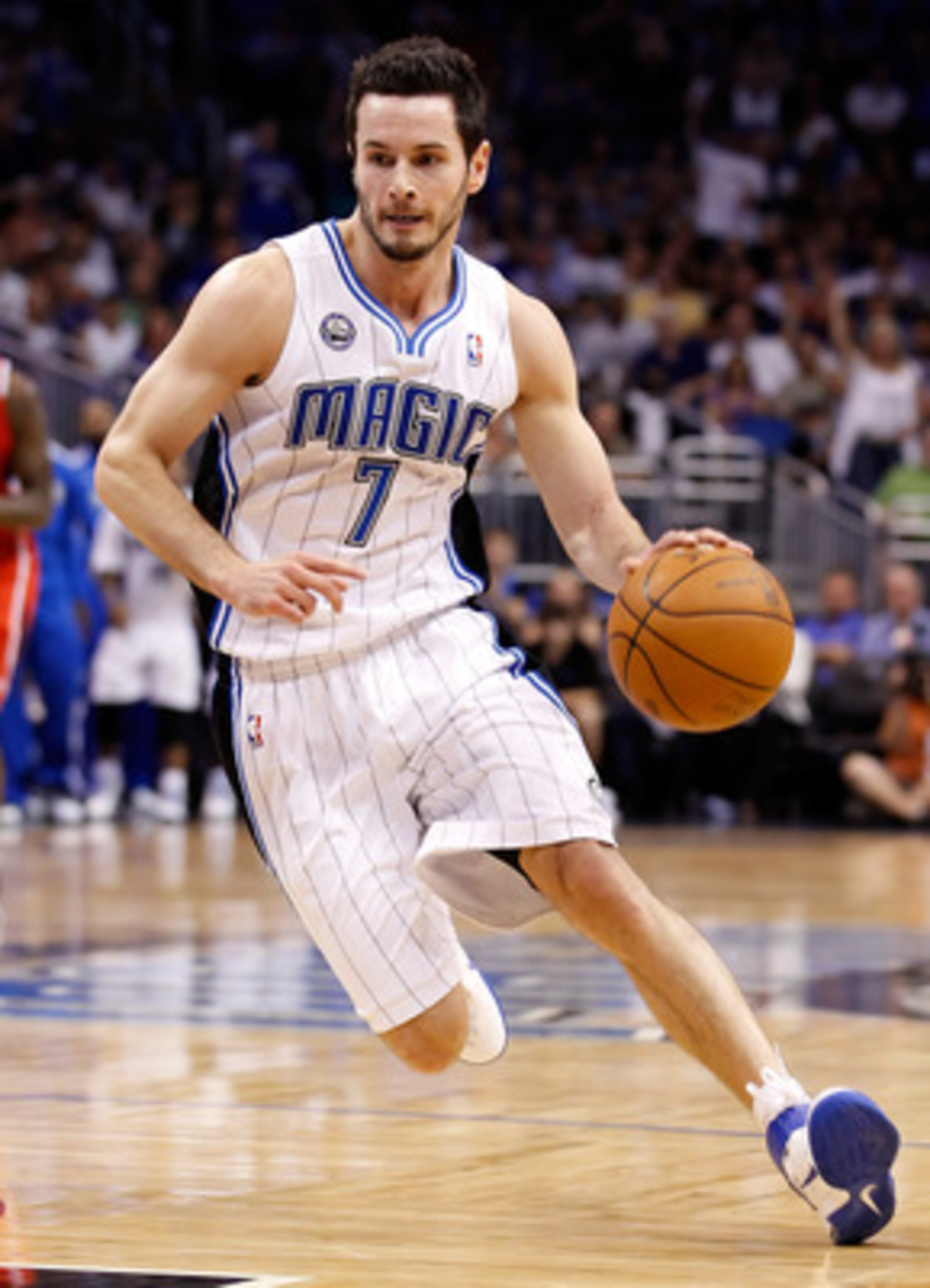 ORLANDO, FL - APRIL 19:  J.J. Redick #7 of the Orlando Magic drives against the Atlanta Hawks during Game Two of the Eastern Conference Quarterfinals of the 2011 NBA Playoffs on April 19, 2011 at the Amway Arena in Orlando, Florida.  NOTE TO USER: User ex