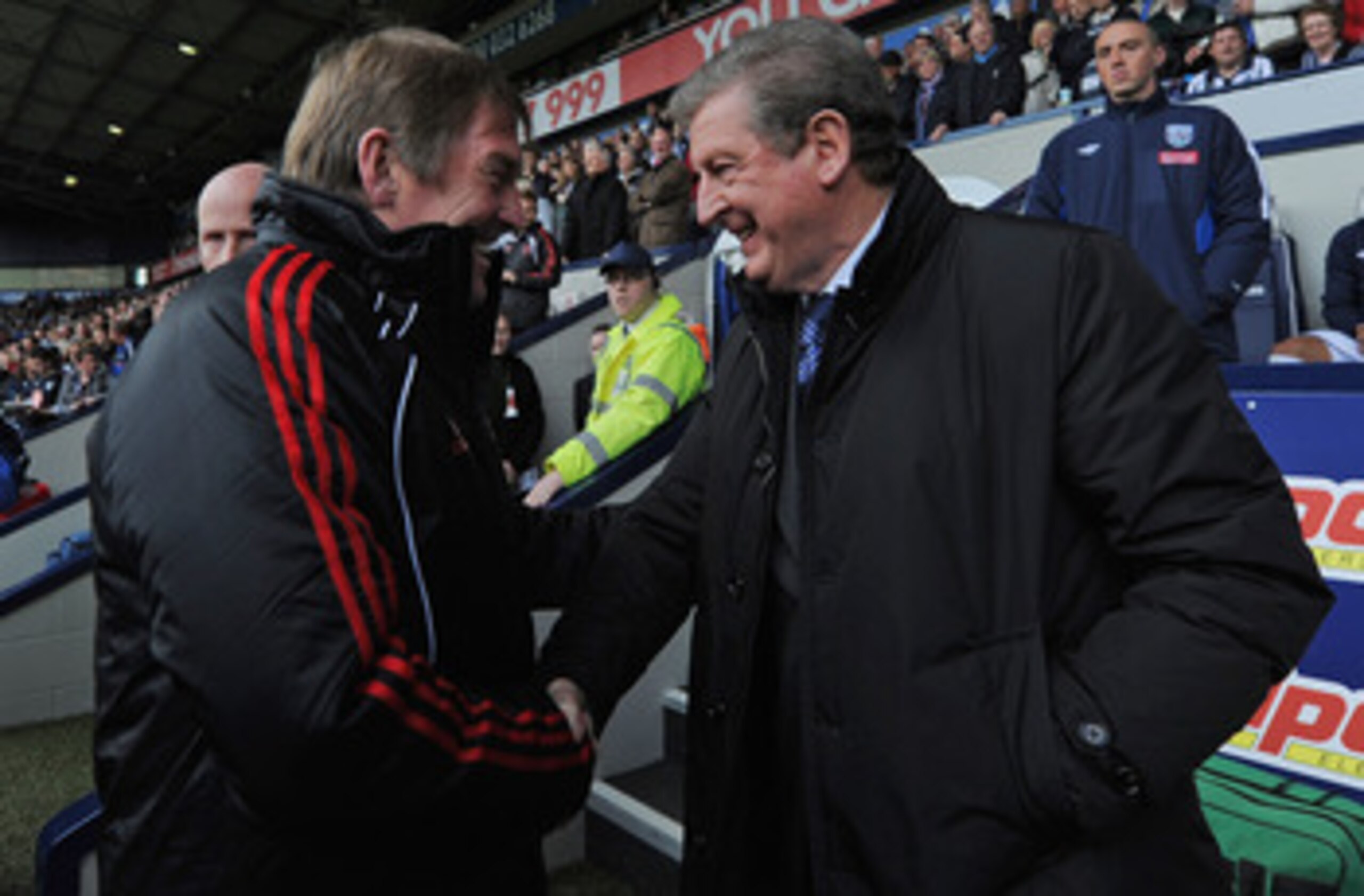 WEST BROMWICH, ENGLAND - APRIL 02: Liverpool manager Kenny Dalglish and West Brom manager Roy Hodgson shake hands before the Barclays Premier League match between West Bromwich Albion and Liverpool at The Hawthorns on April 2, 2011 in West Bromwich, Engla
