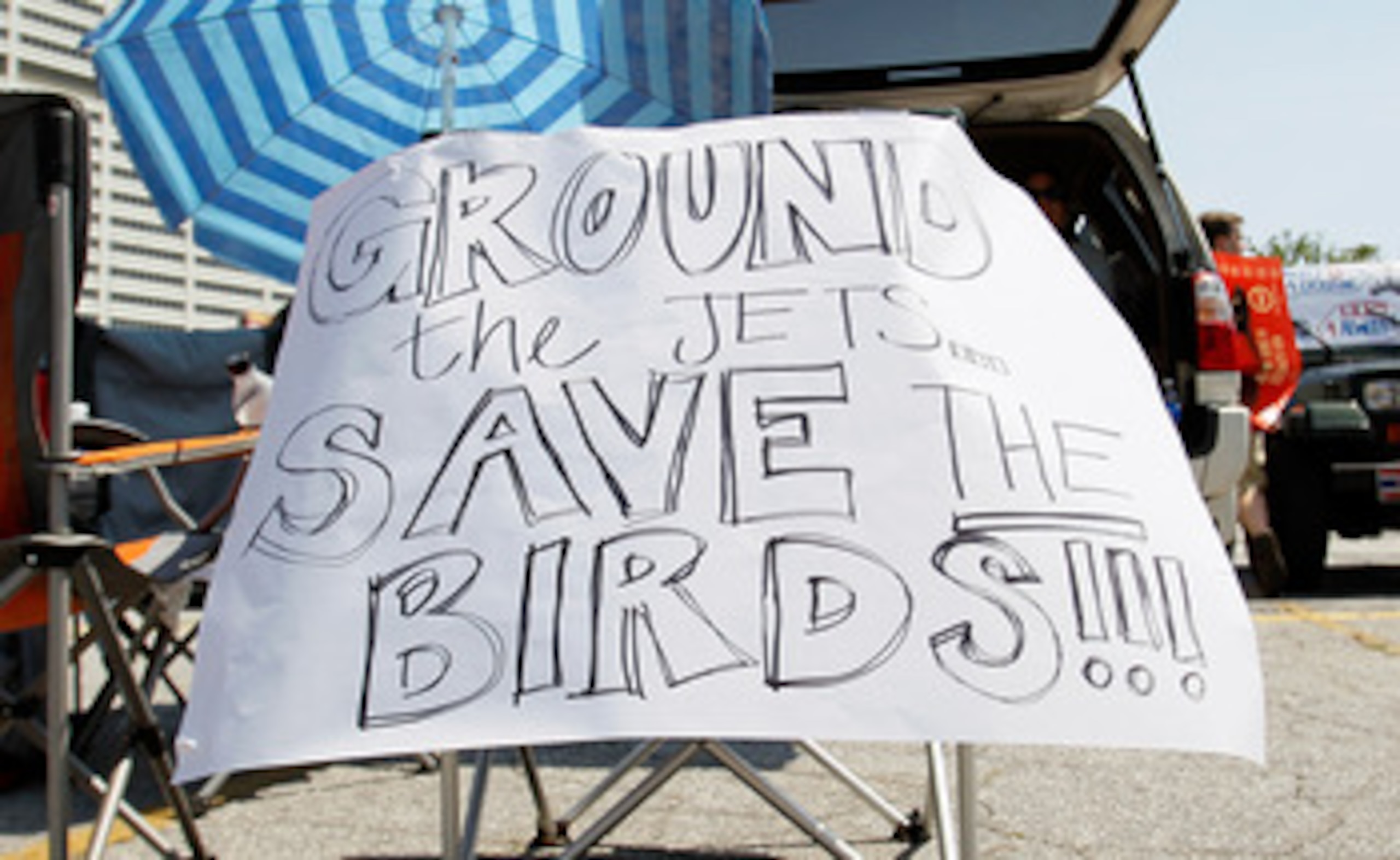 ATLANTA, GA - MAY 21:  A sign displayed outside Philips Arena urges to 'Ground the Jets...Save the Birds' as fans hold a rally to keep the Thrashers in Atlanta at Philips Arena on May 21, 2011 in Atlanta, Georgia.  It has been reported the Thrashers may r