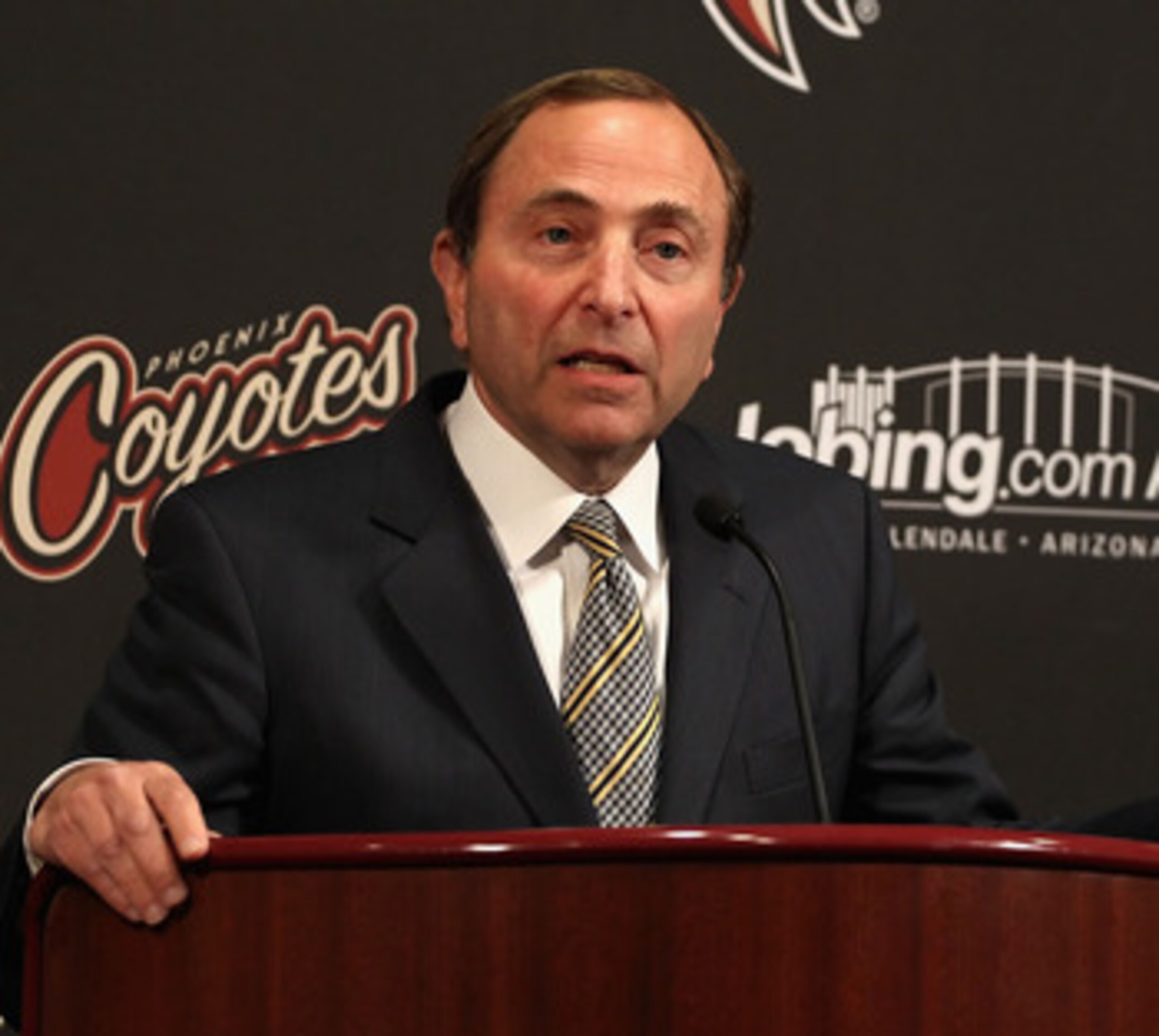 GLENDALE, AZ - MARCH 08:  NHL commissioner Gary Bettman speaks during a press conference before the NHL game between the Vancouver Canucks and the Phoenix Coyotes at Jobing.com Arena on March 8, 2011 in Glendale, Arizona.  (Photo by Christian Petersen/Get