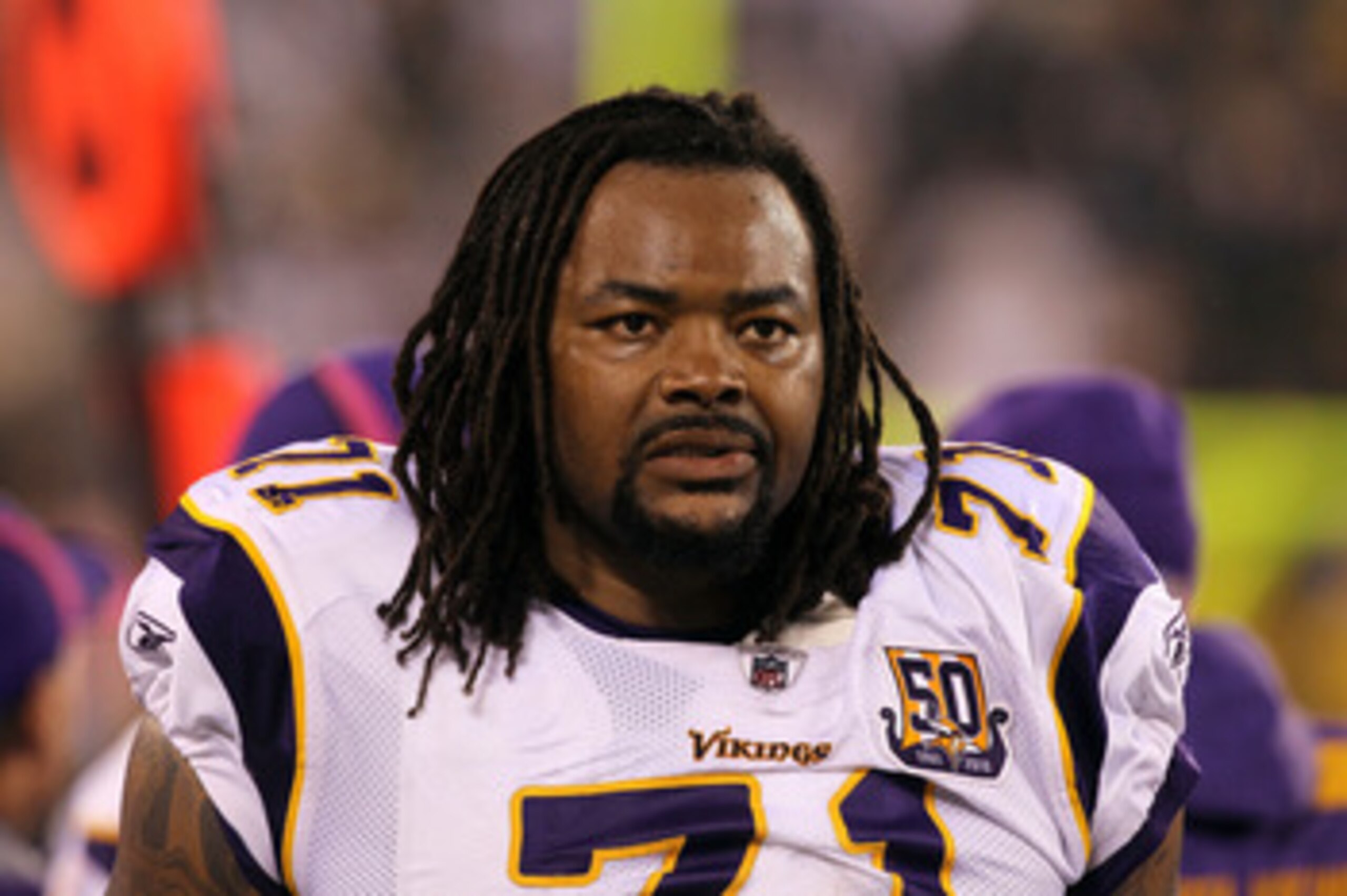 EAST RUTHERFORD, NJ - OCTOBER 11:  Phil Loadholt #71 of the Minnesota Vikings looks on against the New York Jets at New Meadowlands Stadium on October 11, 2010 in East Rutherford, New Jersey.  (Photo by Jim McIsaac/Getty Images)