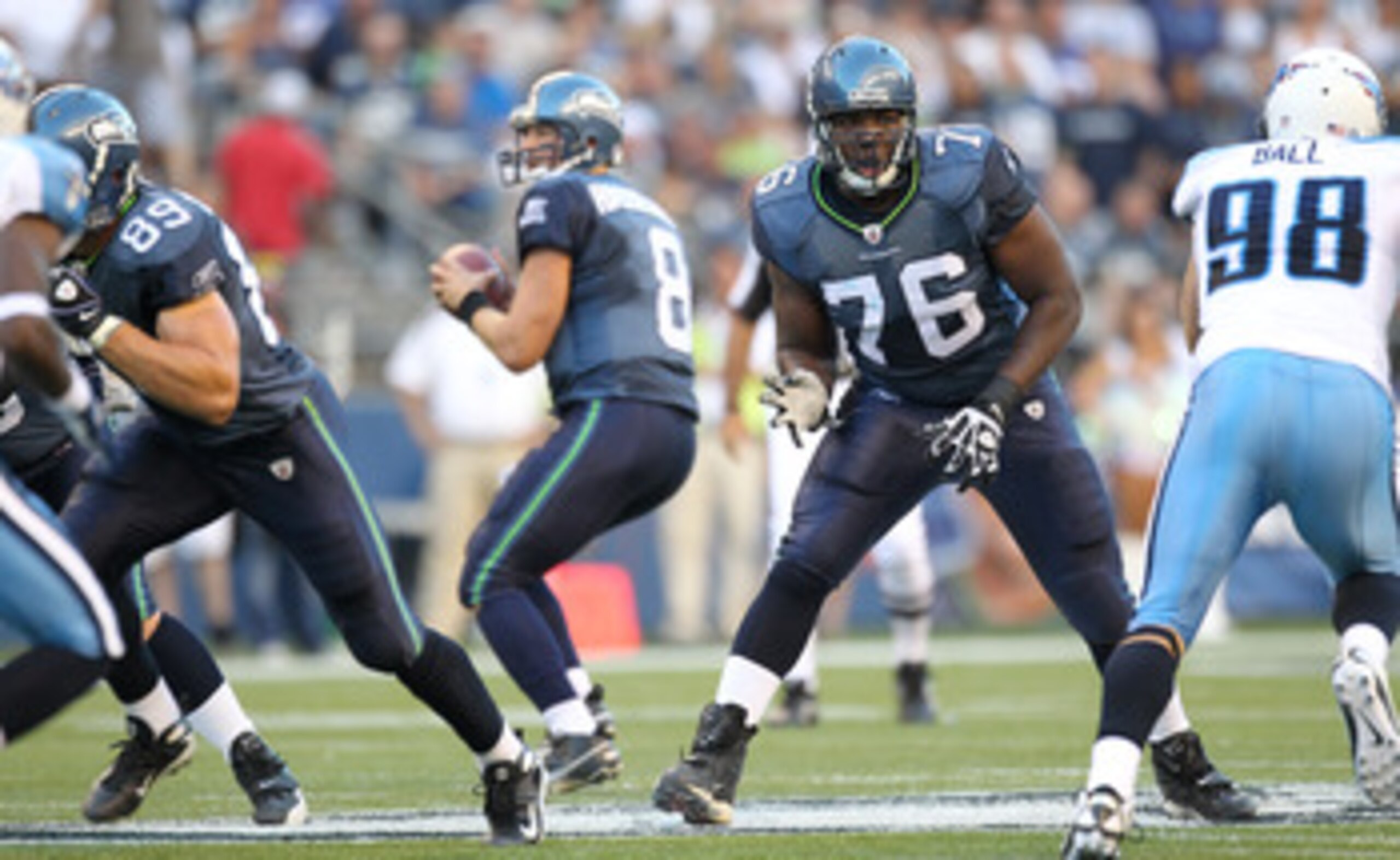 SEATTLE - AUGUST 14: Tackle Russell Okung #76 of the Seattle Seahawks pass blocks during the preseason game against the Tennessee Titans at Qwest Field on August 14, 2010 in Seattle, Washington. (Photo by Otto Greule Jr/Getty Images) SEATTLE - AUGUST 14: Tackle Russell Okung #76 of the Seattle Seahawks pass blocks during the preseason game against the Tennessee Titans at Qwest Field on August 14, 2010 in Seattle, Washington. (Photo by Otto Greule Jr/Getty Images)