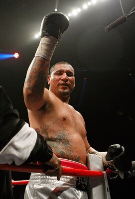 LAS VEGAS - APRIL 11:  Chris Arreola celebrates after knocking out Jameel McCline in the fourth round of their heavyweight bout at the Mandalay Bay Events Center April 11, 2009 in Las Vegas, Nevada.  (Photo by Ethan Miller/Getty Images)