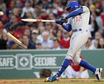 BOSTON, MA - MAY 20:  Alfonso Soriano #12 of the Chicago Cubs breaks his bat in the second inning against the Boston Red Sox on May 20, 2011 at Fenway Park in Boston, Massachusetts.on May 20, 2011 at Fenway Park in Boston, Massachusetts. The Chicago Cubs 