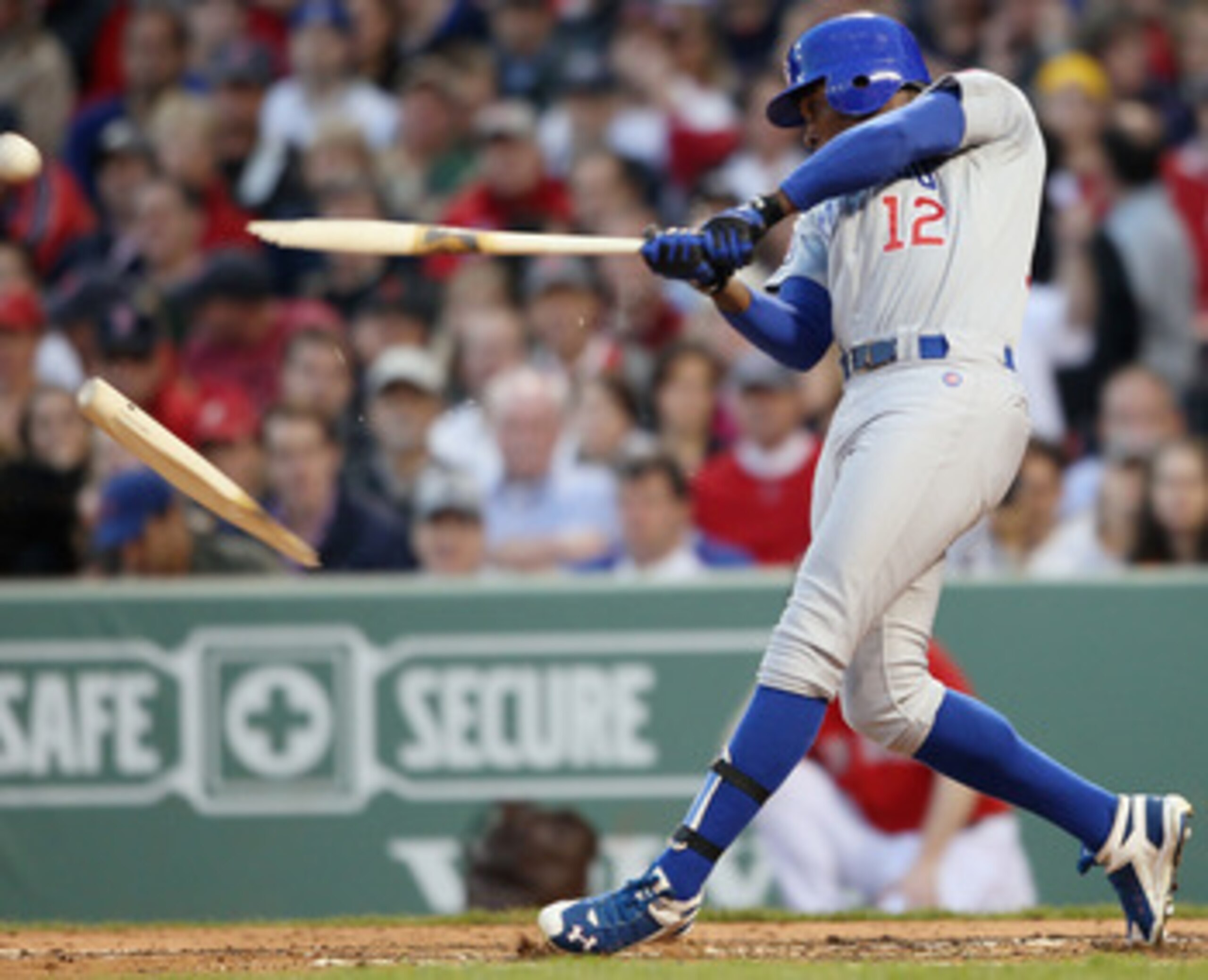 BOSTON, MA - MAY 20:  Alfonso Soriano #12 of the Chicago Cubs breaks his bat in the second inning against the Boston Red Sox on May 20, 2011 at Fenway Park in Boston, Massachusetts.on May 20, 2011 at Fenway Park in Boston, Massachusetts. The Chicago Cubs 