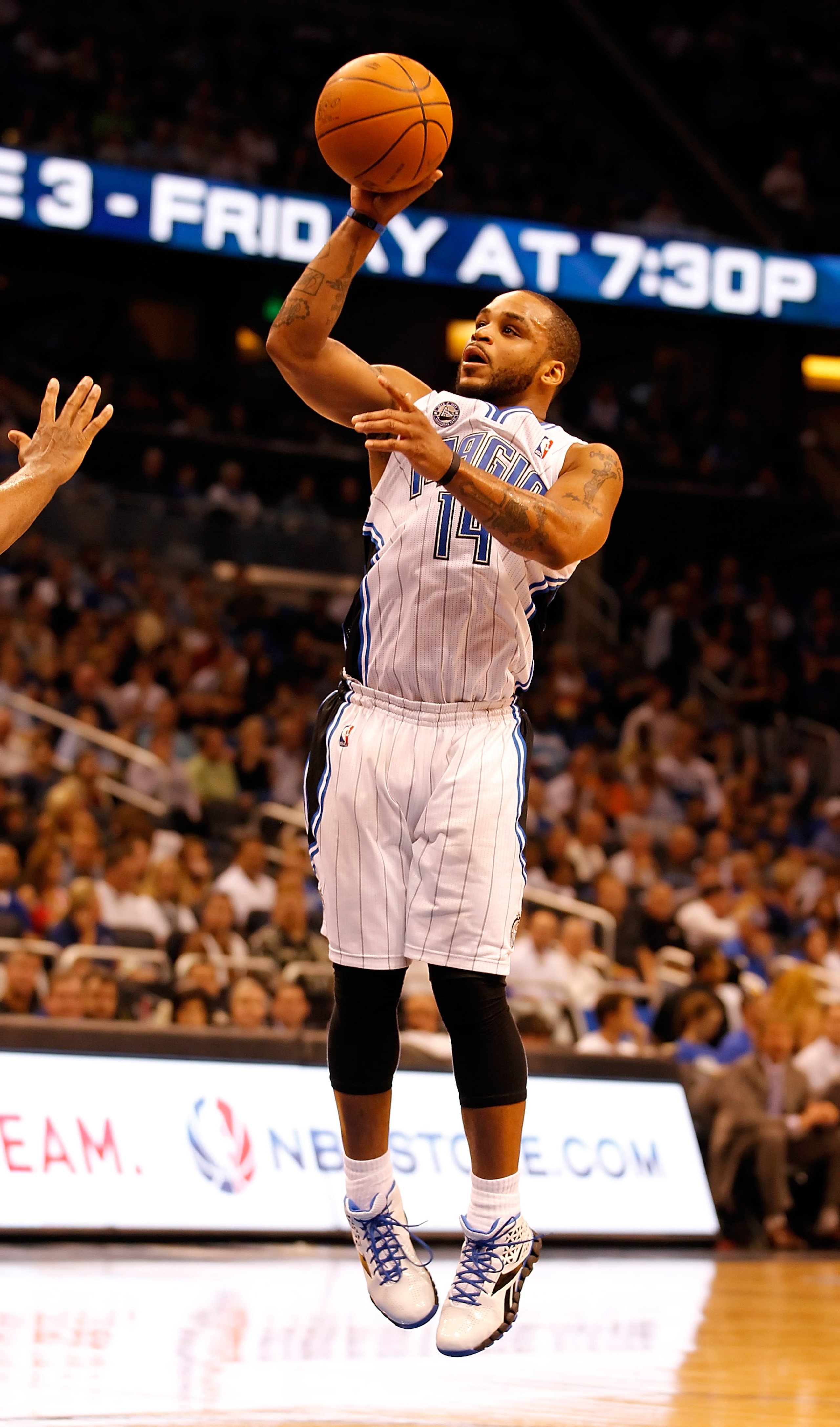 ORLANDO, FL - APRIL 19:  Jameer Nelson #14 of the Orlando Magic shoots against the Atlanta Hawks during Game Two of the Eastern Conference Quarterfinals of the 2011 NBA Playoffs on April 19, 2011 at the Amway Arena in Orlando, Florida.  NOTE TO USER: User