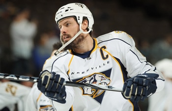 DENVER, CO - MARCH 31:  Shea Weber #6 of the Nashville Predators warms up prior to facing the Colorado Avalanche at the Pepsi Center on March 31, 2011 in Denver, Colorado. Rinne had 27 saves as the Nashville Predators defeated the Colorado Avalanche 3-2. 