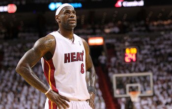 MIAMI, FL - MAY 22:  LeBron James #6 of the Miami Heat looks on against the Chicago Bulls in Game Three of the Eastern Conference Finals during the 2011 NBA Playoffs on May 22, 2011 at American Airlines Arena in Miami, Florida.  NOTE TO USER: User express