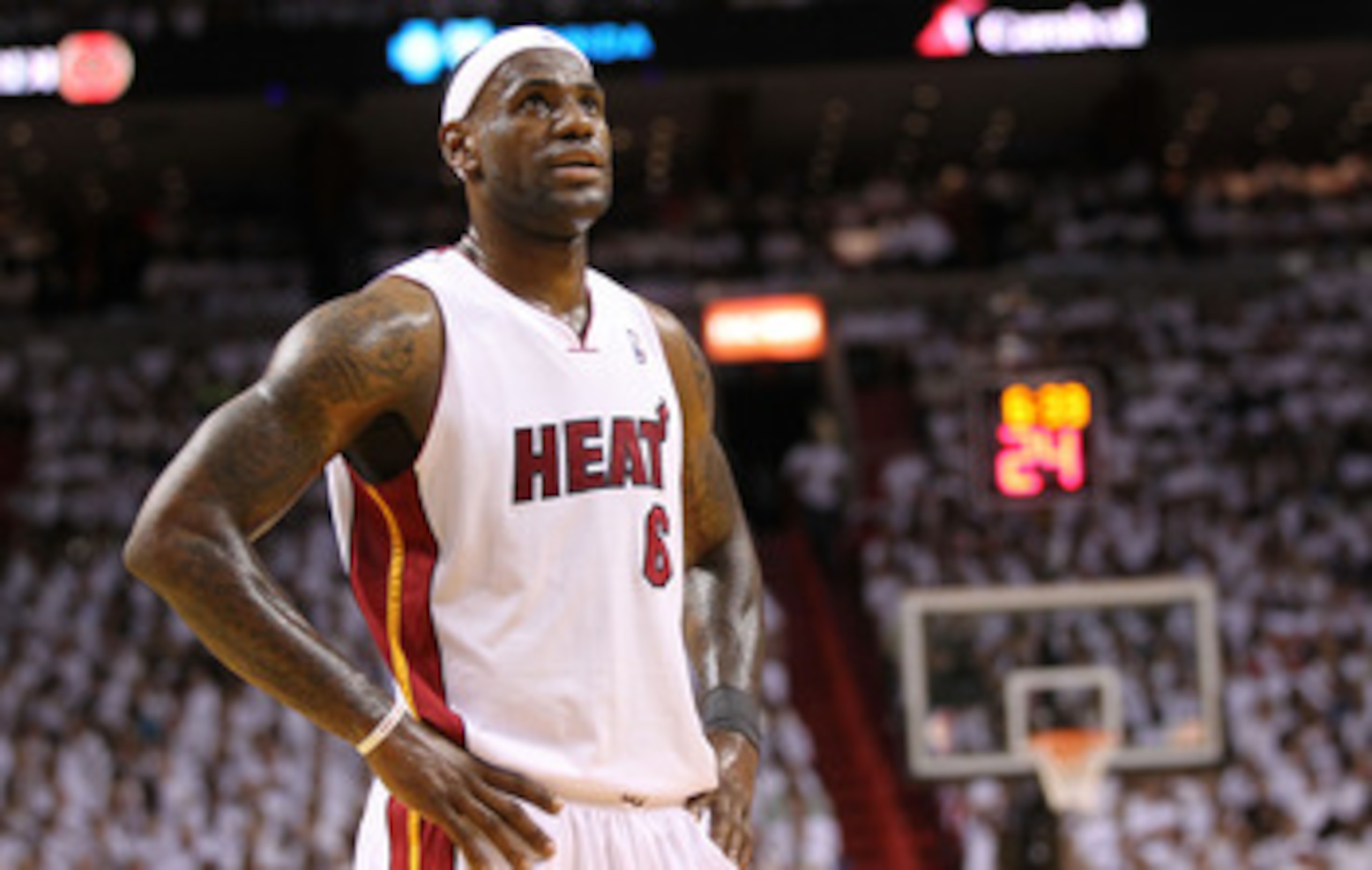 MIAMI, FL - MAY 22:  LeBron James #6 of the Miami Heat looks on against the Chicago Bulls in Game Three of the Eastern Conference Finals during the 2011 NBA Playoffs on May 22, 2011 at American Airlines Arena in Miami, Florida.  NOTE TO USER: User express