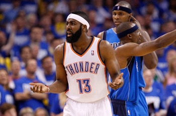 OKLAHOMA CITY, OK - MAY 21:  James Harden #13 of the Oklahoma City Thunder reacts while taking on the Dallas Mavericks in Game Three of the Western Conference Finals during the 2011 NBA Playoffs at Oklahoma City Arena on May 21, 2011 in Oklahoma City, Okl