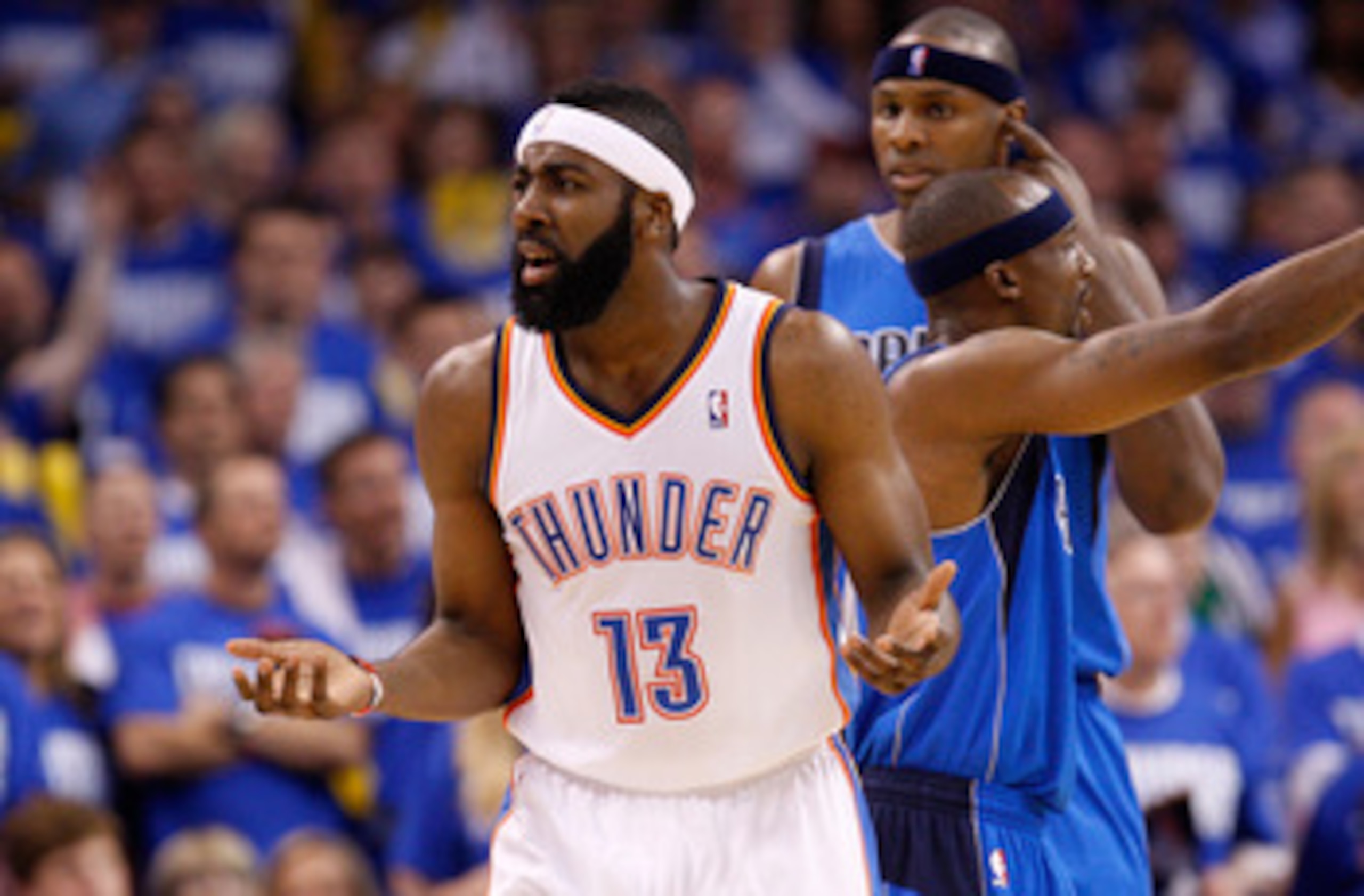 OKLAHOMA CITY, OK - MAY 21:  James Harden #13 of the Oklahoma City Thunder reacts while taking on the Dallas Mavericks in Game Three of the Western Conference Finals during the 2011 NBA Playoffs at Oklahoma City Arena on May 21, 2011 in Oklahoma City, Okl