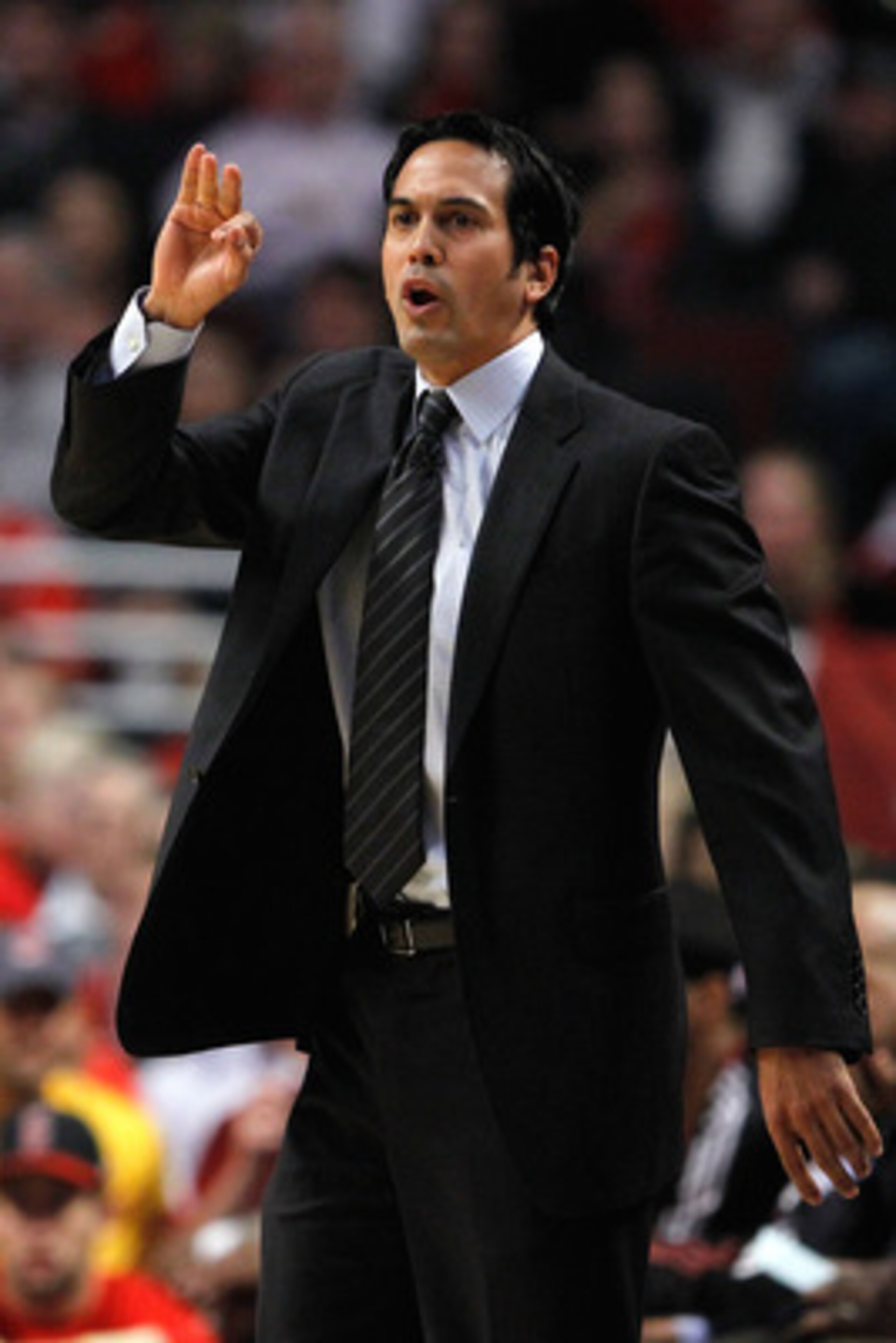 CHICAGO, IL - MAY 18:  Head coach Erik Spoelstra of the Miami Heat reacts against the Chicago Bulls in Game Two of the Eastern Conference Finals during the 2011 NBA Playoffs on May 18, 2011 at the United Center in Chicago, Illinois. NOTE TO USER: User exp