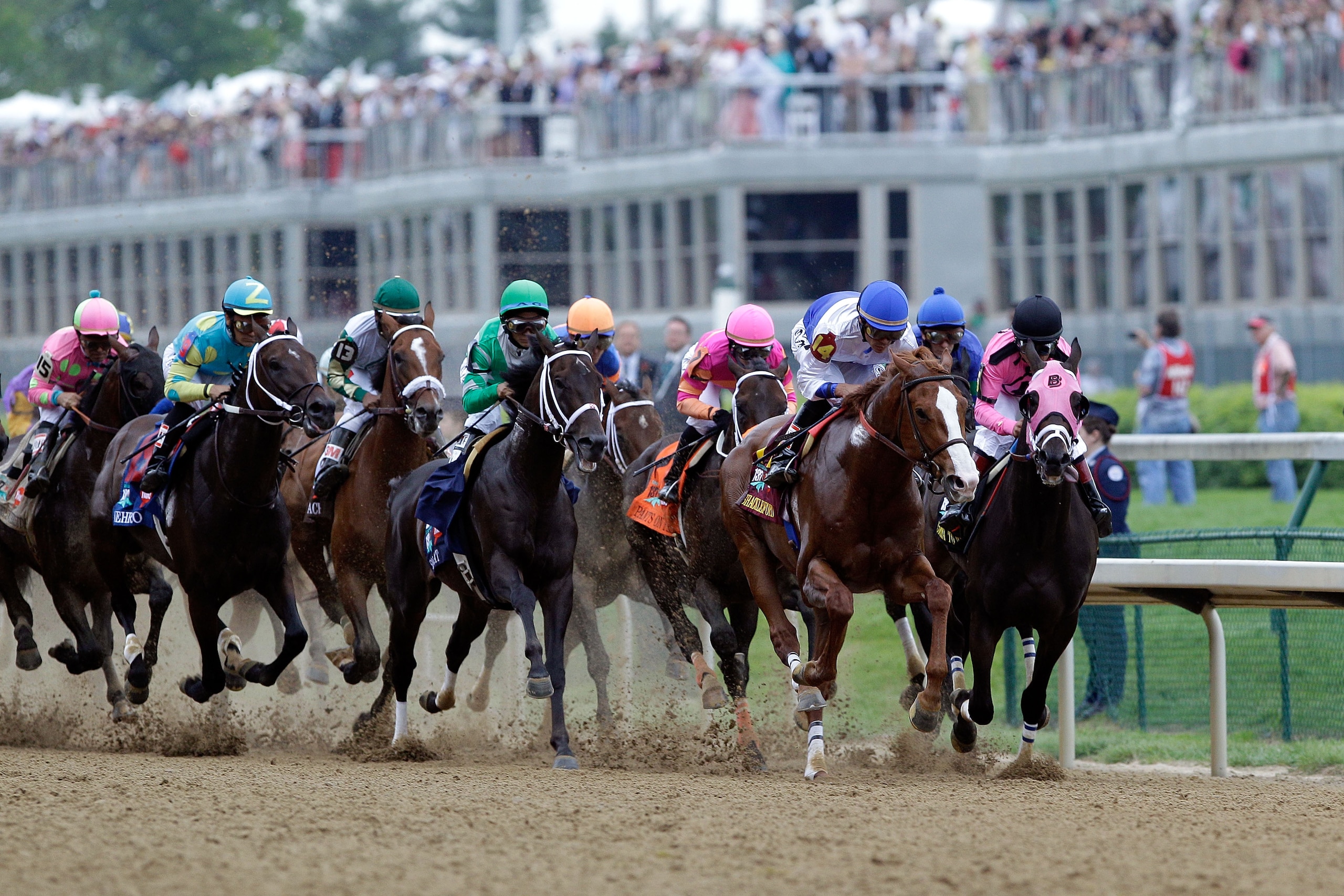 LOUISVILLE, KY - MAY 07:  Jockey Jesus L. Castanon (C), riding Shackleford #14, leads the field down the stretch at the start of the 137th Kentucky Derby at Churchill Downs on May 7, 2011 in Louisville, Kentucky.  (Photo by Rob Carr/Getty Images)