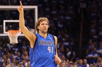 OKLAHOMA CITY, OK - MAY 21:  Dirk Nowitzki #41 of the Dallas Mavericks reacts in the second quarter while taking on the Oklahoma City Thunder in Game Three of the Western Conference Finals during the 2011 NBA Playoffs at Oklahoma City Arena on May 21, 201