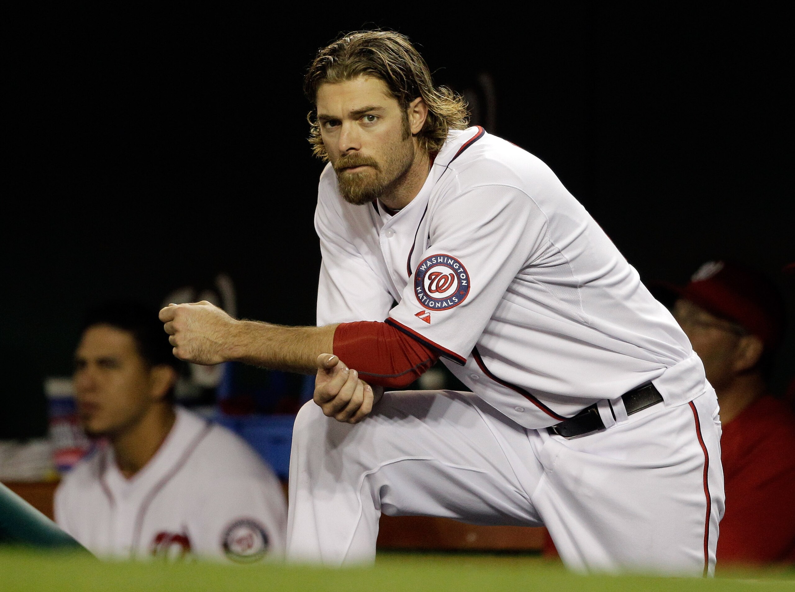 WASHINGTON, DC - APRIL 29: Jayson Werth #28 of the Washington Nationals in the dugout against the San Francisco Giants at Nationals Park on April 29, 2011 in Washington, DC.  (Photo by Rob Carr/Getty Images)