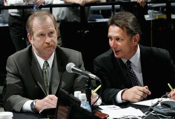 COLUMBUS, OH - JUNE 23:  Assistant General Manager Jim Nill and General Manager Ken Holland attend the 2007 NHL Entry Draft at Nationwide Arena on June 23, 2007 in Columbus, Ohio.  (Photo by Bruce Bennett/Getty Images)