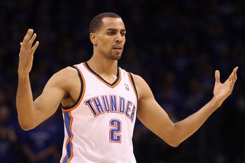 OKLAHOMA CITY, OK - MAY 23:  Thabo Sefolosha #2 of the Oklahoma City Thunder reacts late in the fourth quarter while taking on the Dallas Mavericks in Game Four of the Western Conference Finals during the 2011 NBA Playoffs at Oklahoma City Arena on May 23