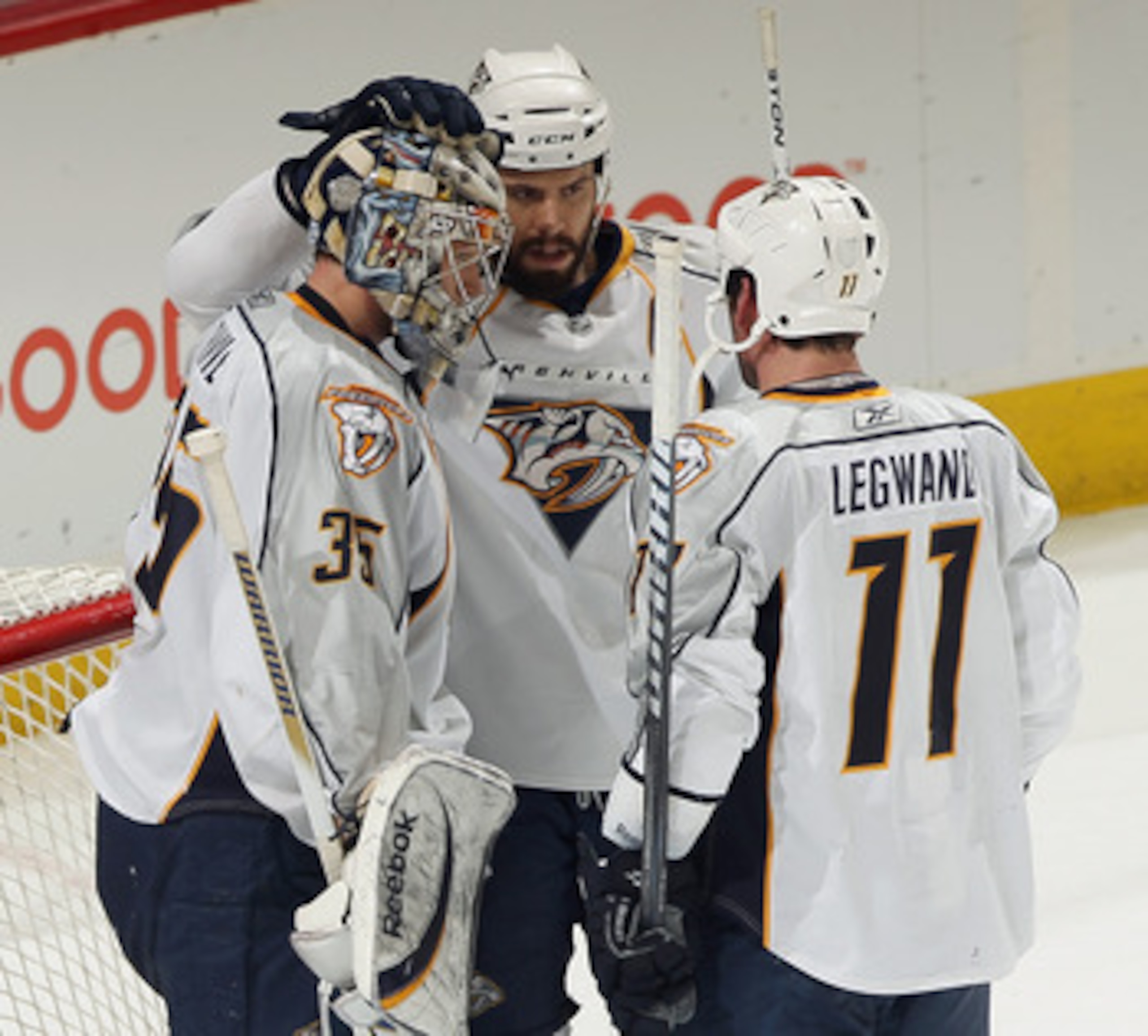 DENVER, CO - MARCH 31: Goalie Pekka Rinne #35 of the Nashville Predators is congratulated by teammates Shea Weber #6 and David Legwand #11 after their victory over the Colorado Avalanche at the Pepsi Center on March 31, 2011 in Denver, Colorado. Rinne ha DENVER, CO - MARCH 31: Goalie Pekka Rinne #35 of the Nashville Predators is congratulated by teammates Shea Weber #6 and David Legwand #11 after their victory over the Colorado Avalanche at the Pepsi Center on March 31, 2011 in Denver, Colorado. Rinne ha