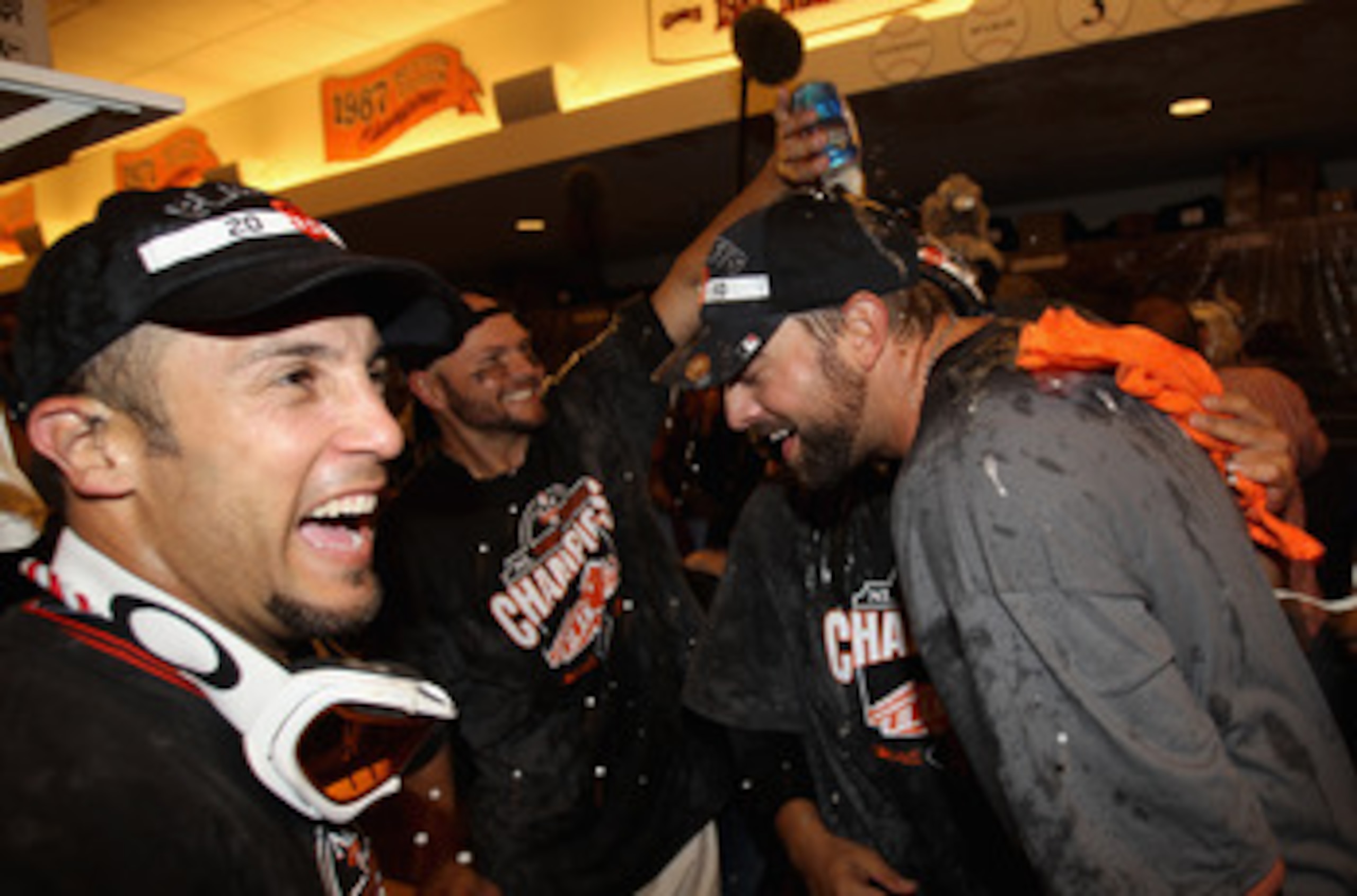 SAN FRANCISCO - OCTOBER 03:  Andres Torres #56 of the San Francisco Giants celebrates in the lockerrom after they beat the San Diego Padres to clinch the National League West Title at AT&T Park on October 3, 2010 in San Francisco, California.  (Photo by E