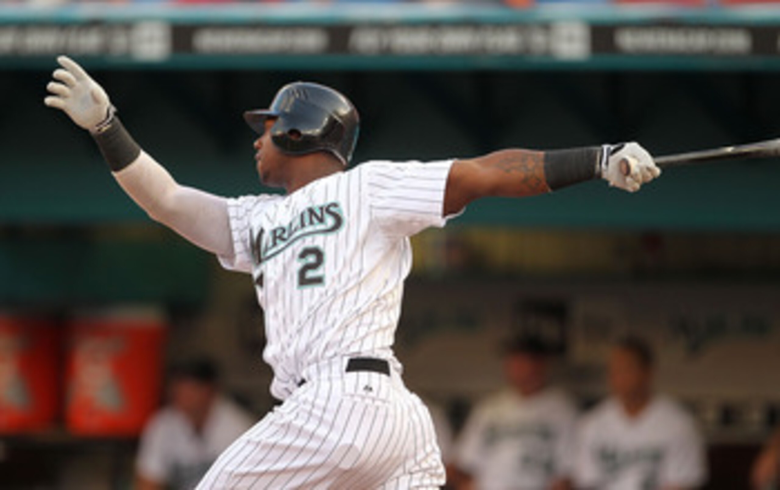 MIAMI GARDENS, FL - MAY 18: Hanley Ramirez #2 of the Florida Marlins hits a solo home run during a game against the Chicago Cubs at Sun Life Stadium on May 18, 2011 in Miami Gardens, Florida.  (Photo by Mike Ehrmann/Getty Images)