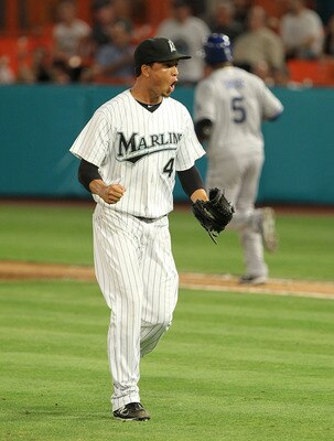 MIAMI GARDENS, FL - APRIL 26:  Leo Nunez #46 of the Florida Marlins reacts after winning a game against the Los Angeles Dodgers at Sun Life Stadium on April 26, 2011 in Miami Gardens, Florida.  (Photo by Mike Ehrmann/Getty Images)