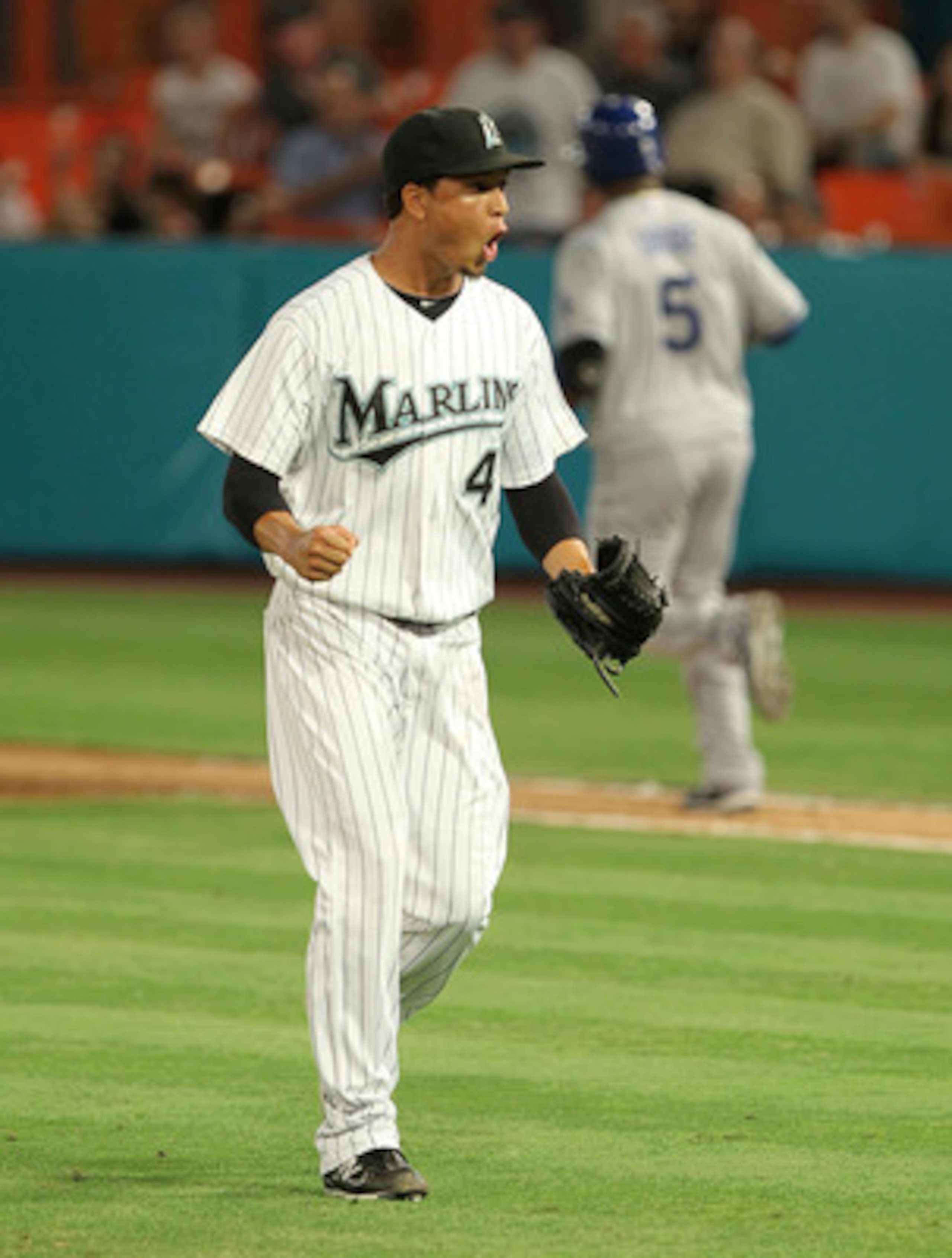 MIAMI GARDENS, FL - APRIL 26:  Leo Nunez #46 of the Florida Marlins reacts after winning a game against the Los Angeles Dodgers at Sun Life Stadium on April 26, 2011 in Miami Gardens, Florida.  (Photo by Mike Ehrmann/Getty Images)