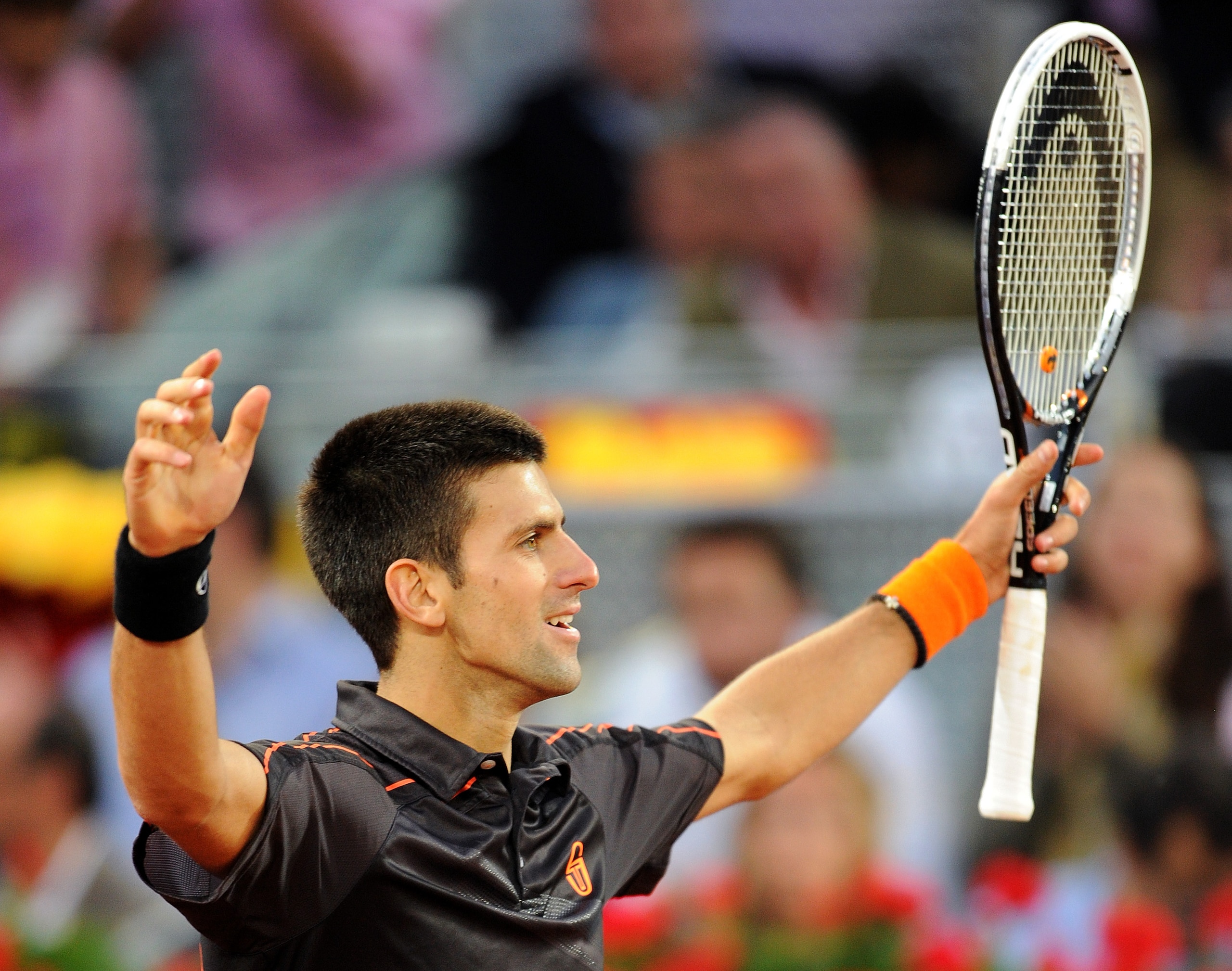 MADRID, SPAIN - MAY 08:  Novak Djokovic of Serbia celebrates matchpoint over Rafael Nadal of Spain at the end of his final match during day eight of the Mutua Madrilena Madrid Open Tennis on May 8, 2011 in Madrid, Spain.  Djokivic won the match in straigh