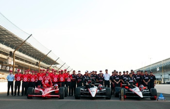 INDIANAPOLIS - MAY 23:  (L-R) Dario Franchitti of Scotland, driver of the #10 Target Chip Ganassi Racing Dallara Honda, Will Power of Australia, driver of the #12 Verizon Team Penske Dallara Honda, and Helio Castroneves of Brazil, driver of the #3 Team Pe