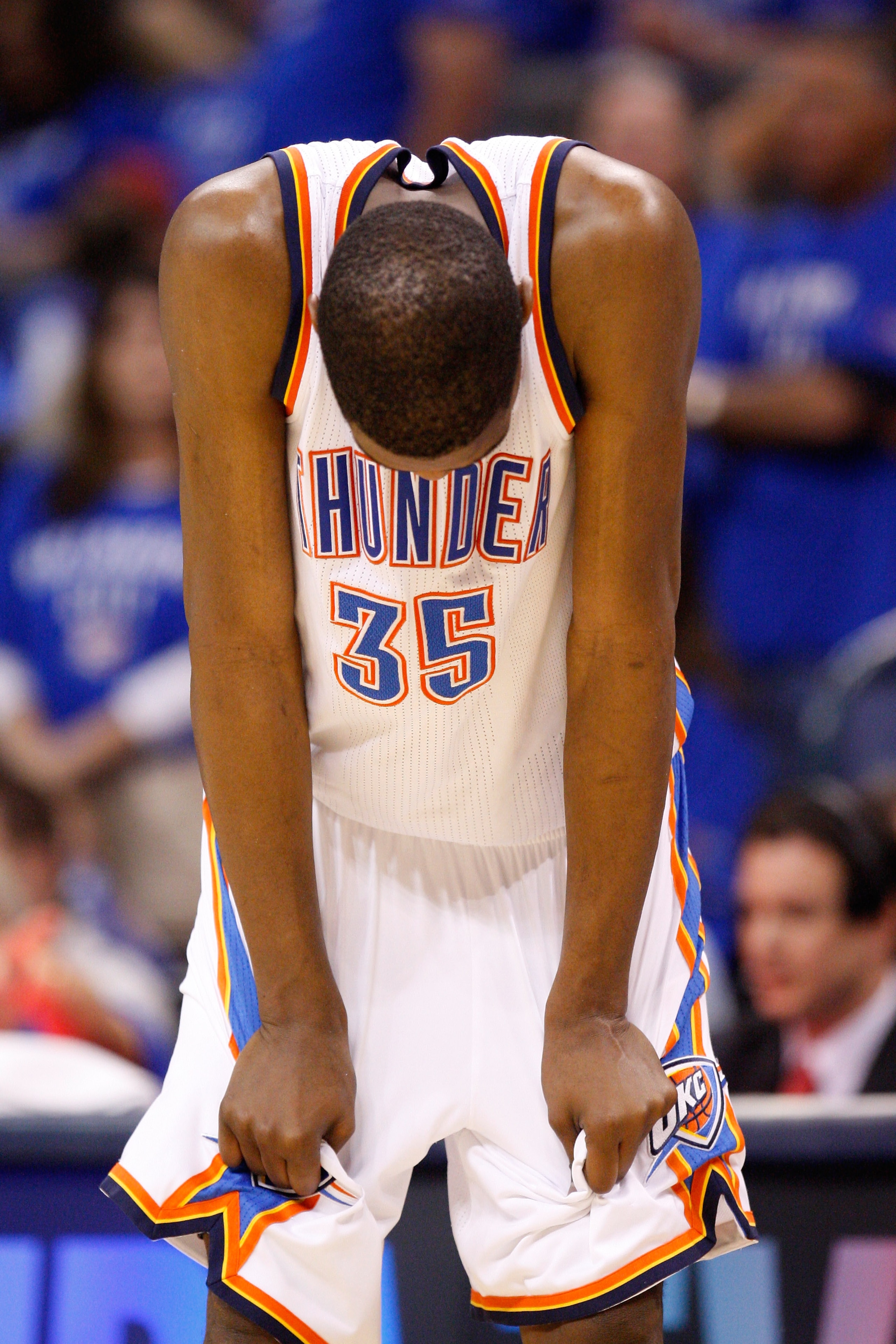 OKLAHOMA CITY, OK - MAY 23: Kevin Durant #35 of the Oklahoma City Thunder reacts after the Dallas Mavericks defeat the Thunder 112-105 in overtime in Game Four of the Western Conference Finals during the 2011 NBA Playoffs at Oklahoma City Arena on May 23 OKLAHOMA CITY, OK - MAY 23: Kevin Durant #35 of the Oklahoma City Thunder reacts after the Dallas Mavericks defeat the Thunder 112-105 in overtime in Game Four of the Western Conference Finals during the 2011 NBA Playoffs at Oklahoma City Arena on May 23