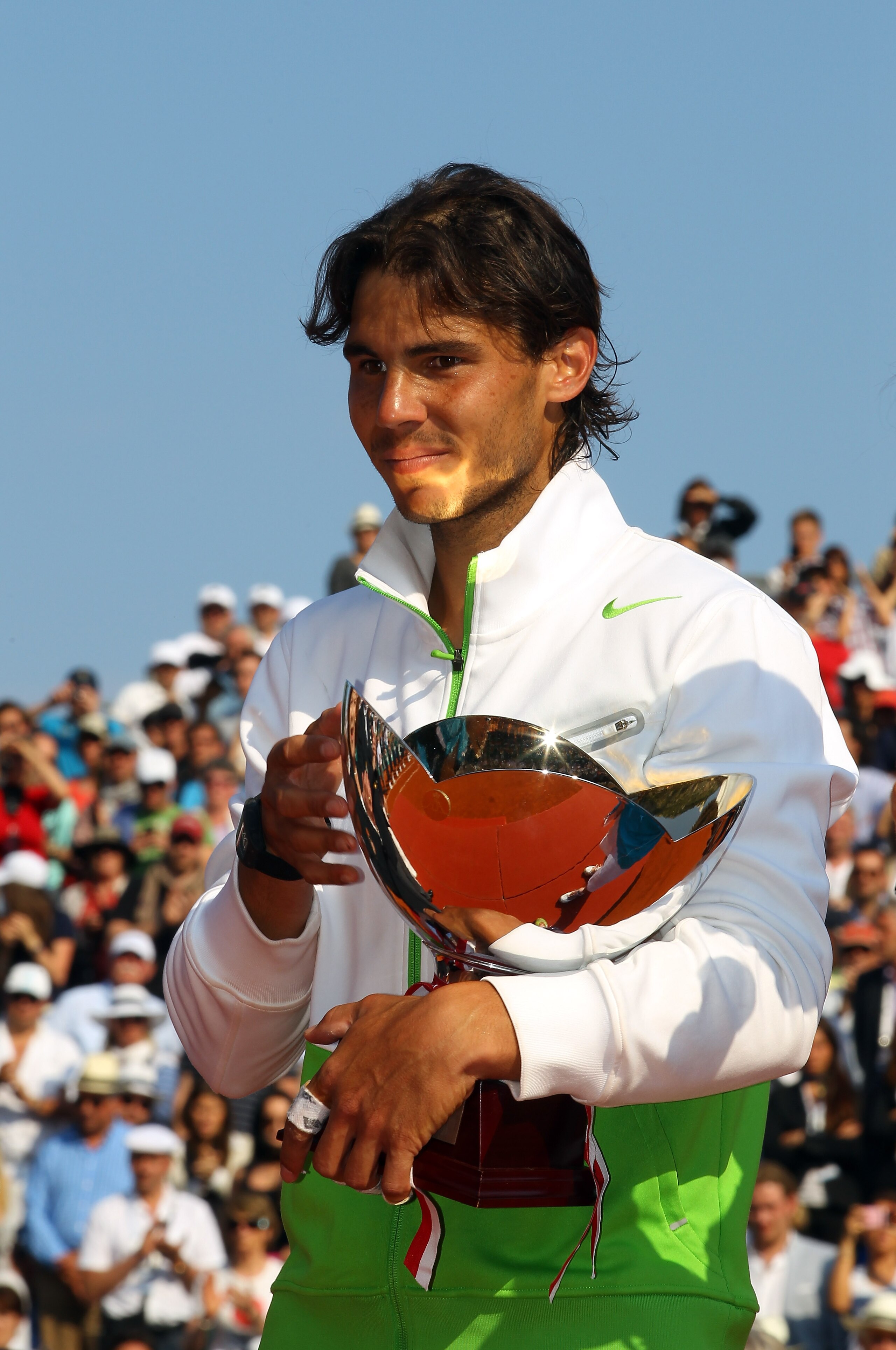 MONACO - APRIL 17:  Rafael Nadal of Spain with the trophy after defeating David Ferrer of Spain in the final during Day Eight of the ATP Masters Series Tennis at the Monte Carlo Country Club on April 17, 2011 in Monte Carlo, Monaco.  (Photo by Julian Finn