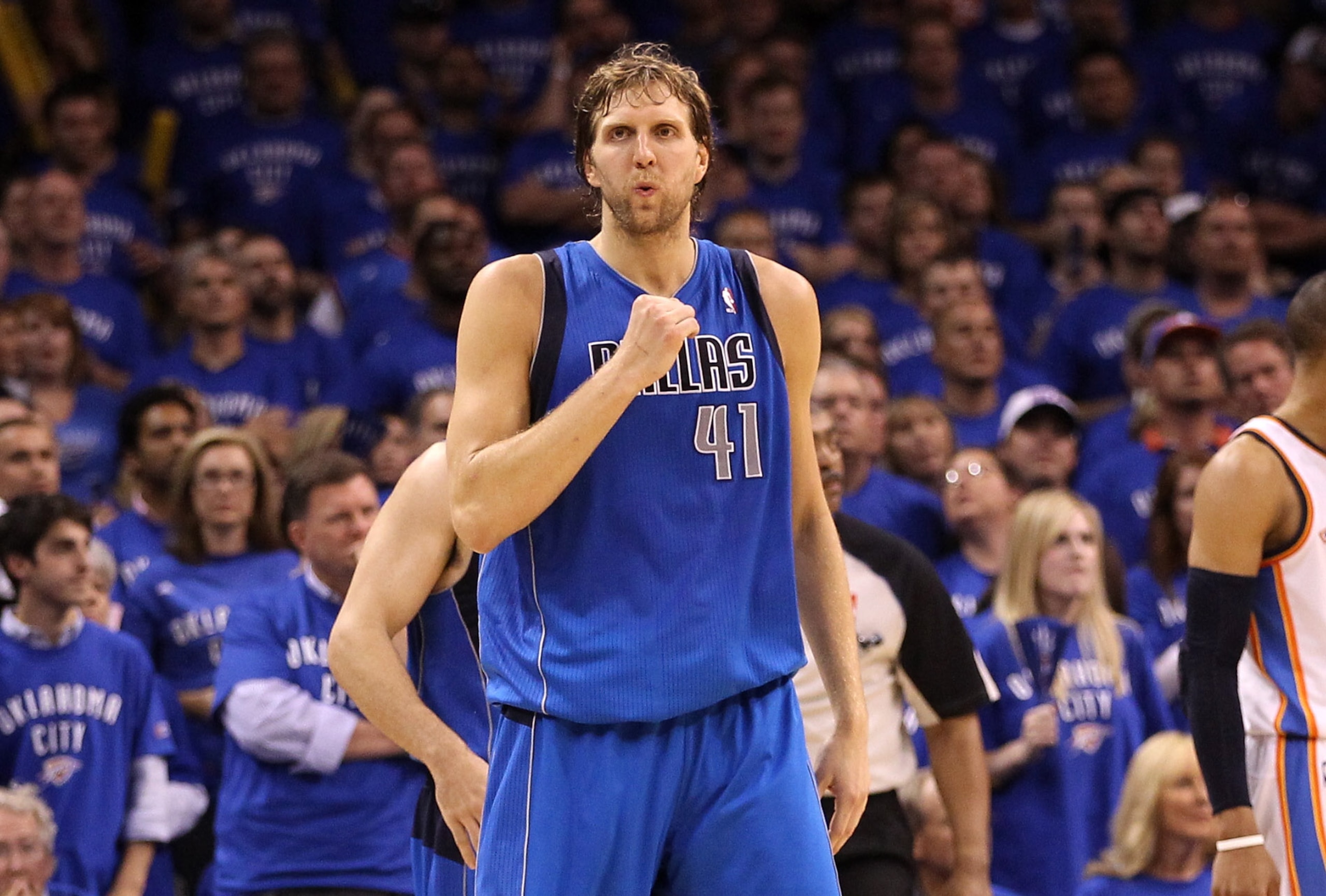 OKLAHOMA CITY, OK - MAY 23: Dirk Nowitzki #41 of the Dallas Mavericks reacts in overtime while taking on the Oklahoma City Thunder in Game Four of the Western Conference Finals during the 2011 NBA Playoffs at Oklahoma City Arena on May 23, 2011 in Oklaho OKLAHOMA CITY, OK - MAY 23: Dirk Nowitzki #41 of the Dallas Mavericks reacts in overtime while taking on the Oklahoma City Thunder in Game Four of the Western Conference Finals during the 2011 NBA Playoffs at Oklahoma City Arena on May 23, 2011 in Oklaho