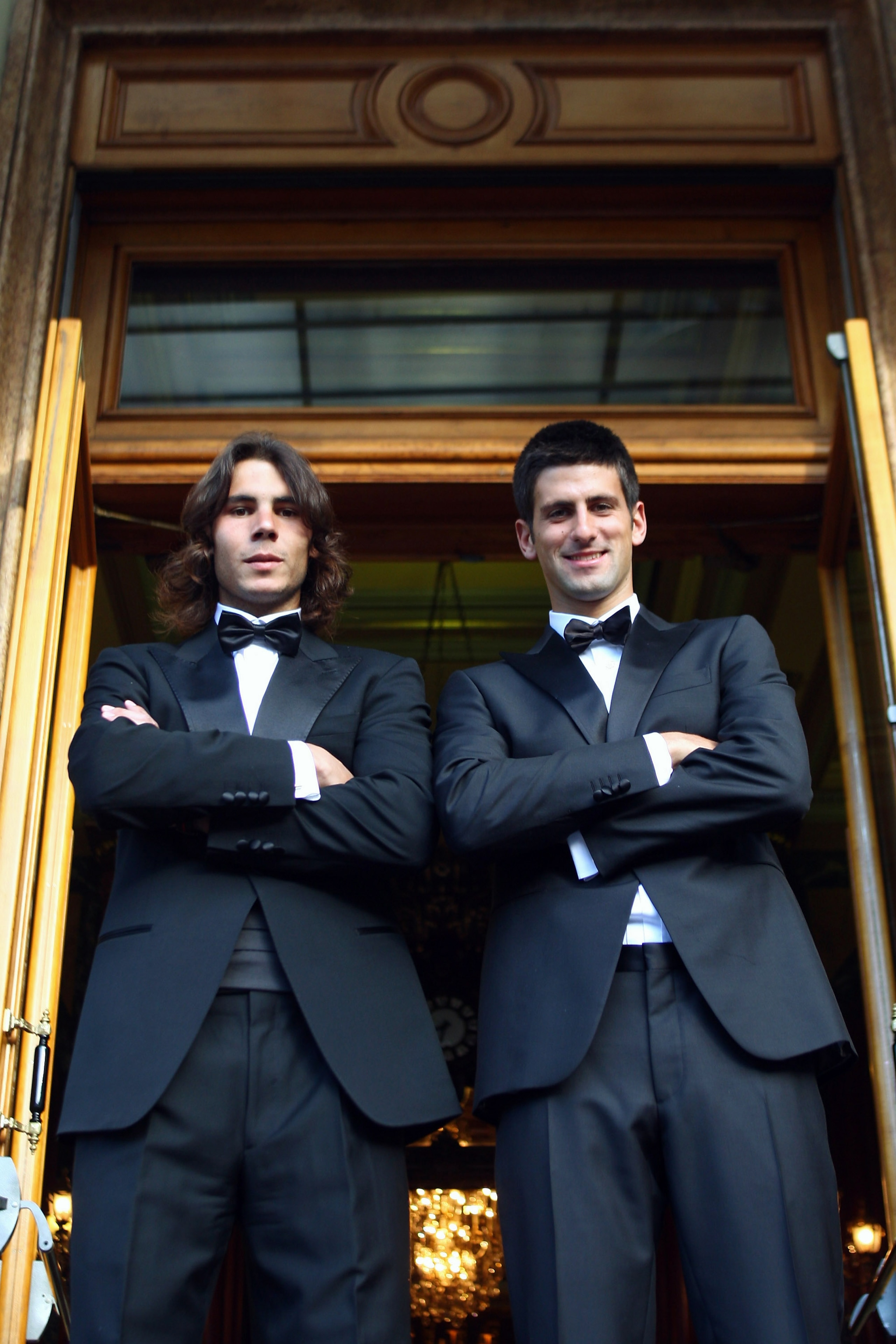 MONTE CARLO, MONACO - APRIL 21:  Novak Djokovic (R) of Serbia and Rafael Nadal (left) of Spain outside the Monte Carlo Casino on April 21, 2008 in Monte Carlo, Monaco.  (Photo by Michael Steele/Getty Images)
