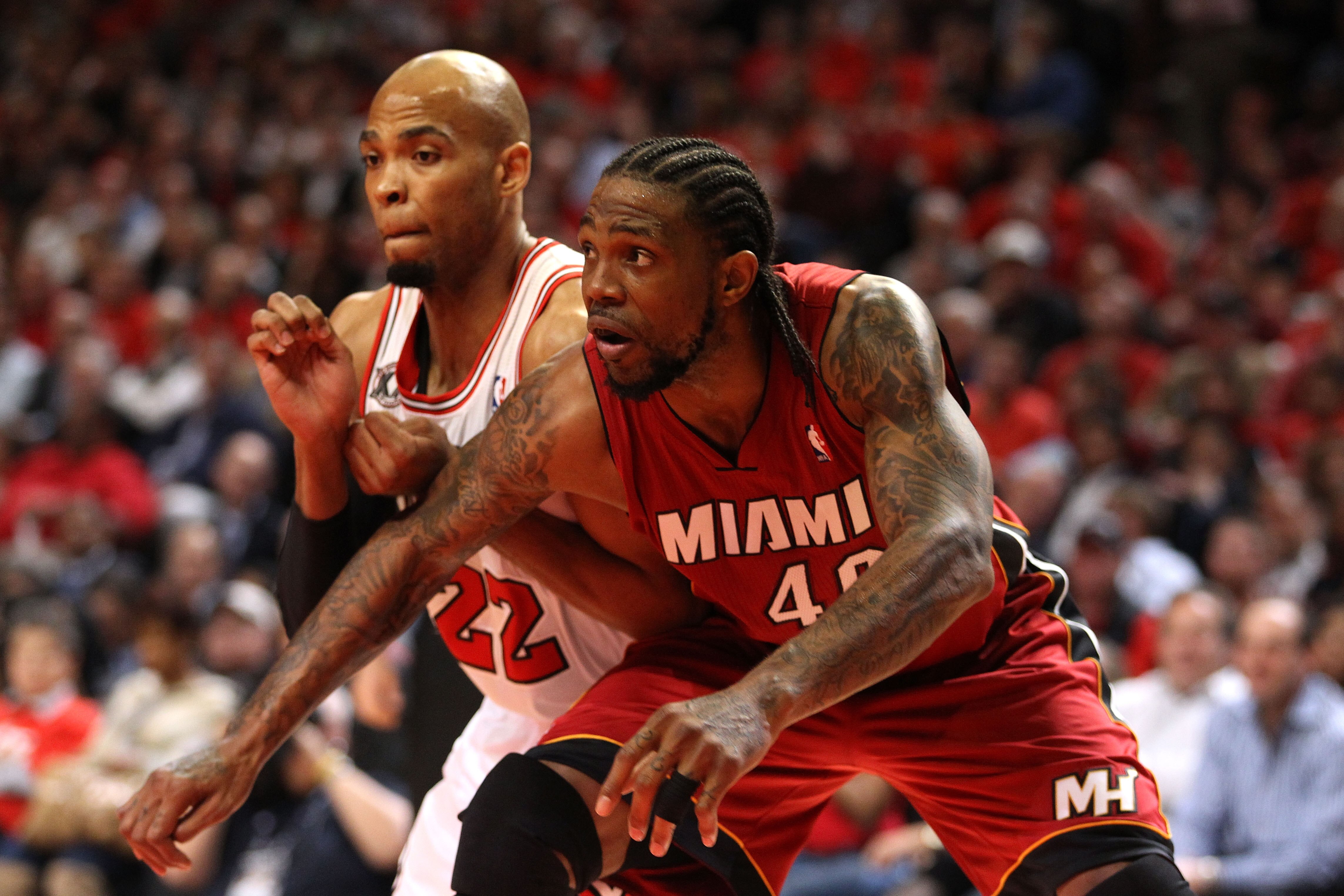 CHICAGO, IL - MAY 18:  Udonis Haslem #40 of the Miami Heat fights for rebound position against Taj Gibson #22 of the Chicago Bulls in Game Two of the Eastern Conference Finals during the 2011 NBA Playoffs on May 18, 2011 at the United Center in Chicago, I